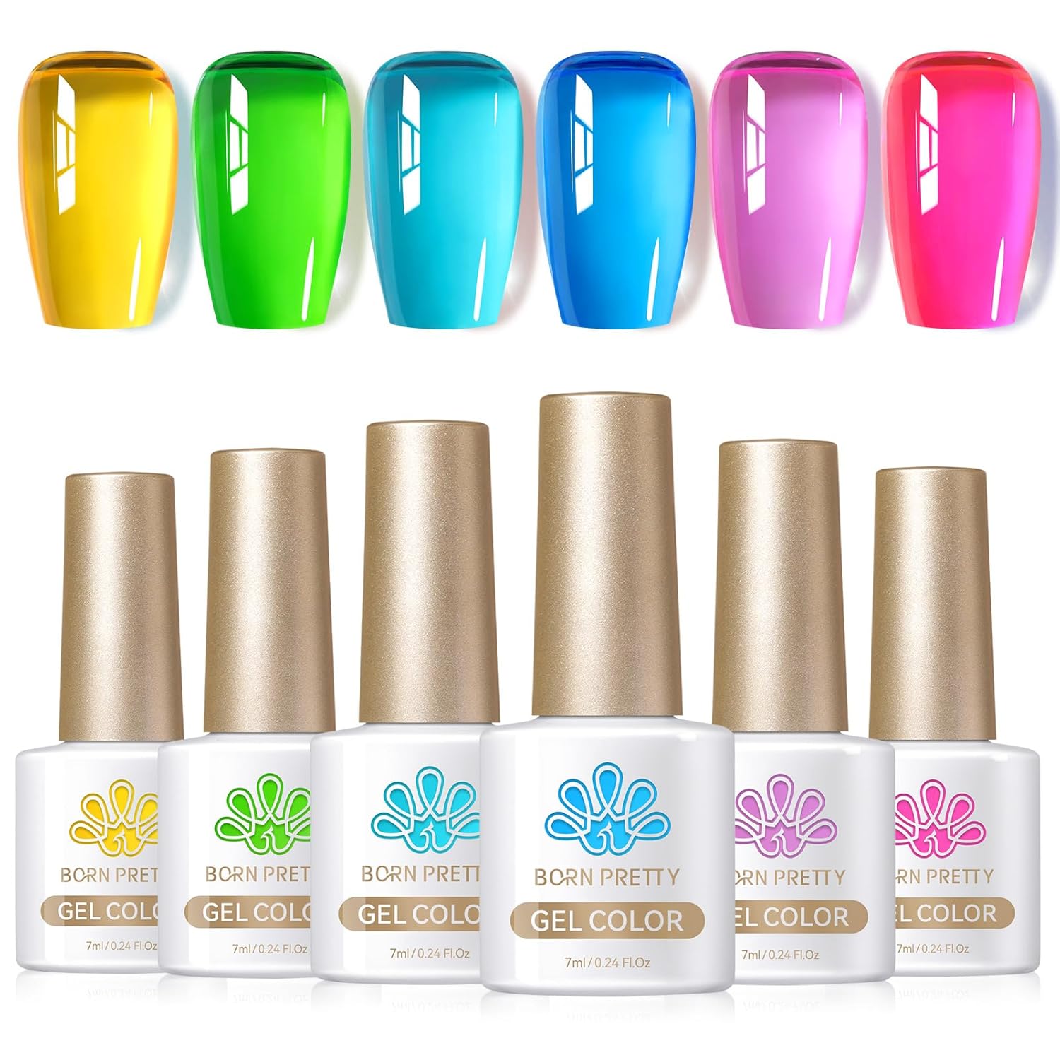 Born Pretty Gel Nail Polish Spring Summer Neon Fluorescent Orange Hot Pink Blue Yellow Green Purple Soak Off U V LED Gel Nail Polish Set Nails Art 7ml 6pcs : Beauty & Personal Care