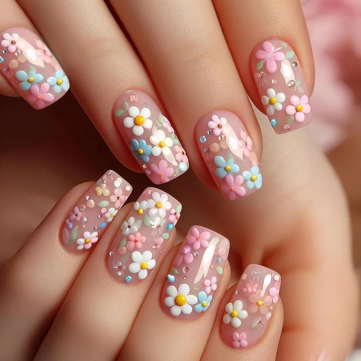 24Pcs Colorful Flower Press-On Nails - Short. Square. Fake. Spring-Summer Nail Art Set. Light Pink Acrylic. Full Cover Glossy False Nails for Women & Girls : Beauty & Personal Care