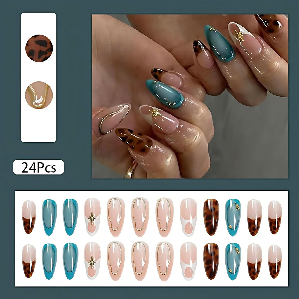 24Pcs Medium Almond Press on Nails French Tip Fake Nails with Brown Leopard Gold Line Design Glossy Reusable False Nail Artificial Acrylic Nails Press ons Holiday Stick on Nails for Women DIY Manicure : Beauty & Personal Care