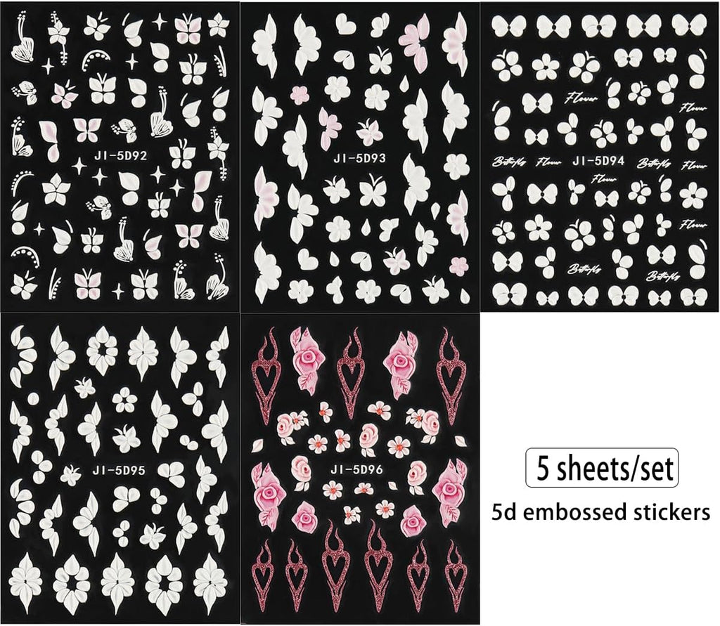 Fcozpjk 5D Embossed White Flowers Nail Stickers. 5 Sheets Self-Adhesive Floral Nail Decals. Spring Rose Butterfly Nail Art. 3D Acrylic Flowers for Manicure Decor : Beauty & Personal Care
