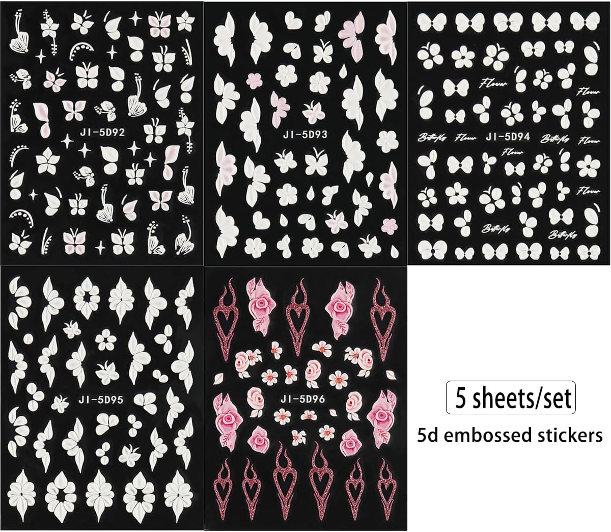 Fcozpjk 5D Embossed White Flowers Nail Stickers. 5 Sheets Self-Adhesive Floral Nail Decals. Spring Rose Butterfly Nail Art. 3D Acrylic Flowers for Manicure Decor : Beauty & Personal Care