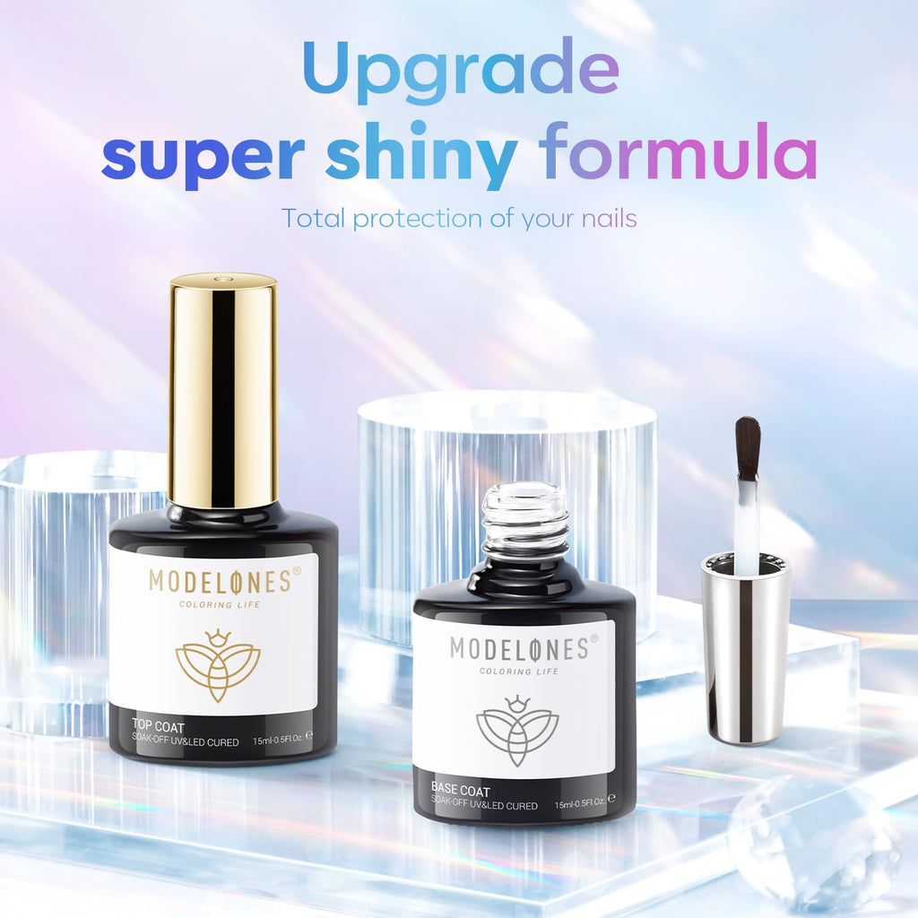 modelones Gel Top Coat. 15 ml 2026 Upgrade Super Shiny Base and Top Coat Set. Soak Off Nail Lamp Acid Free No Wipe Clear Base Top Gel Nail Polish : Beauty & Personal Care