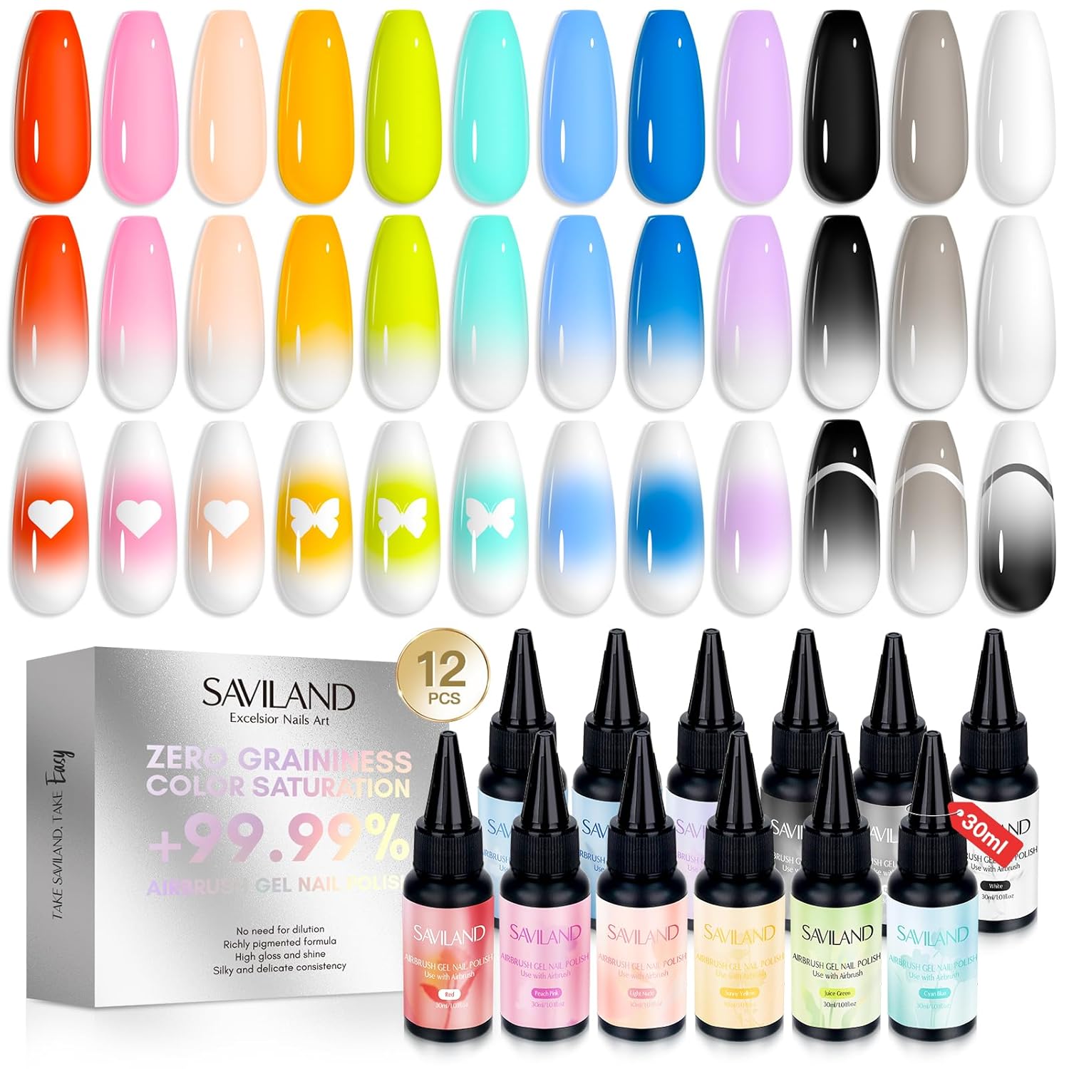 SAVILAND Airbrush Gel Nail Polish Hema-Free: Dilution-Free 12 Vitality Colors Airbrush for Nails Set Non-Acetone with Fine Mist Nail for Spray French & Ombre Nail Polish Nail Art Design Salon Kit : Beauty & Personal Care