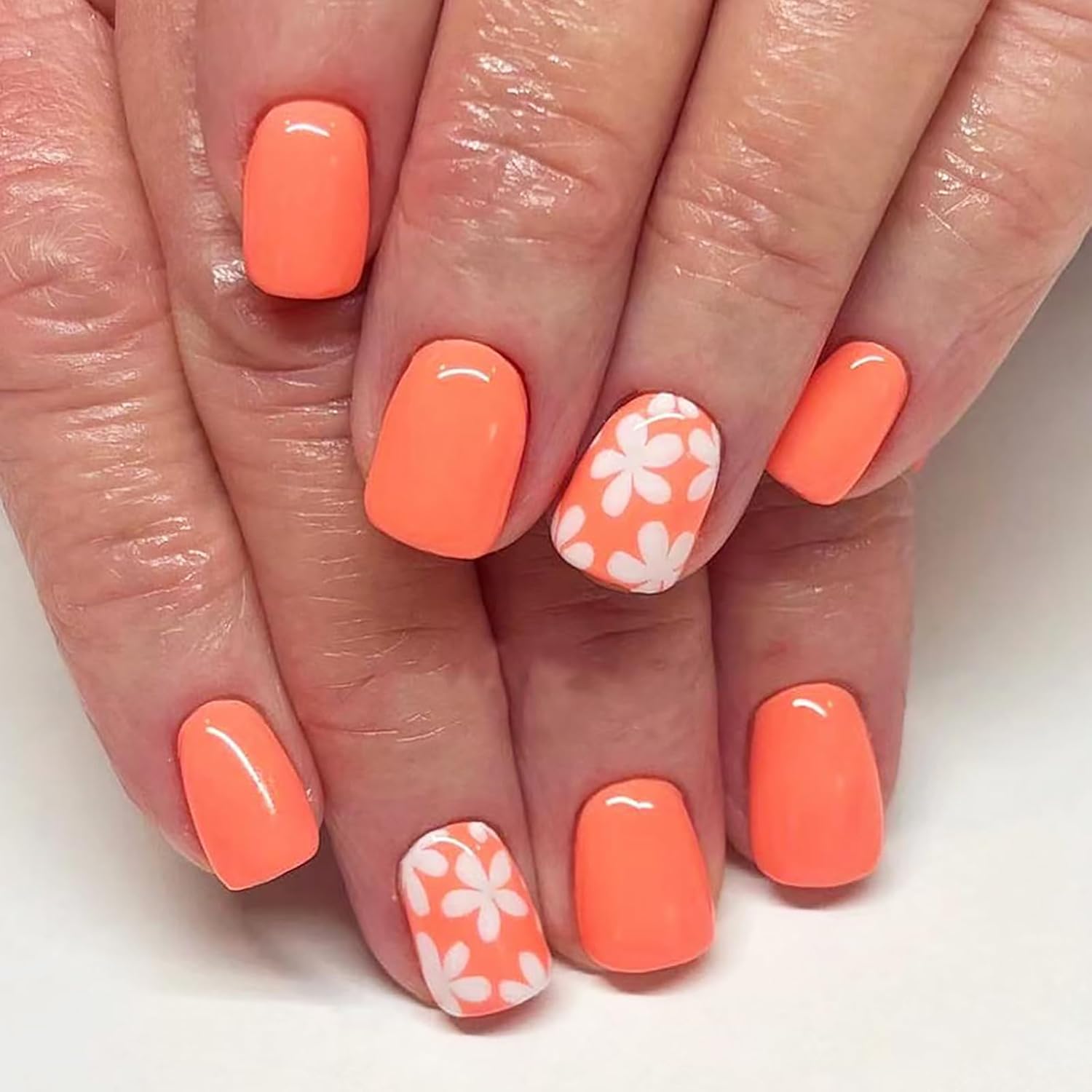 24Pcs Colorful Flower Press-On Nails - Short. Square. Fake. Spring-Summer Nail Art Set. Light Pink Acrylic. Full Cover Glossy False Nails for Women & Girls : Beauty & Personal Care