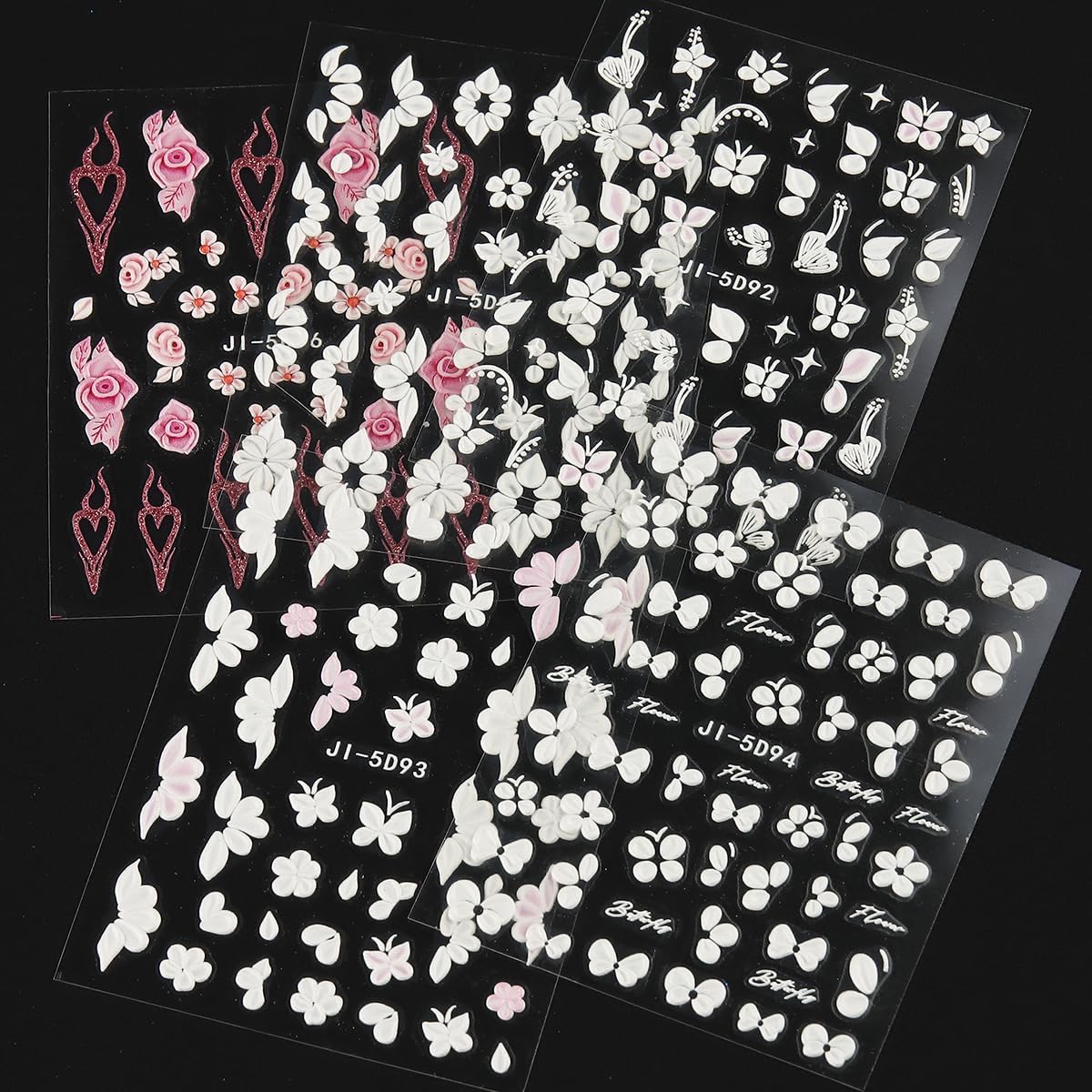 Fcozpjk 5D Embossed White Flowers Nail Stickers. 5 Sheets Self-Adhesive Floral Nail Decals. Spring Rose Butterfly Nail Art. 3D Acrylic Flowers for Manicure Decor : Beauty & Personal Care