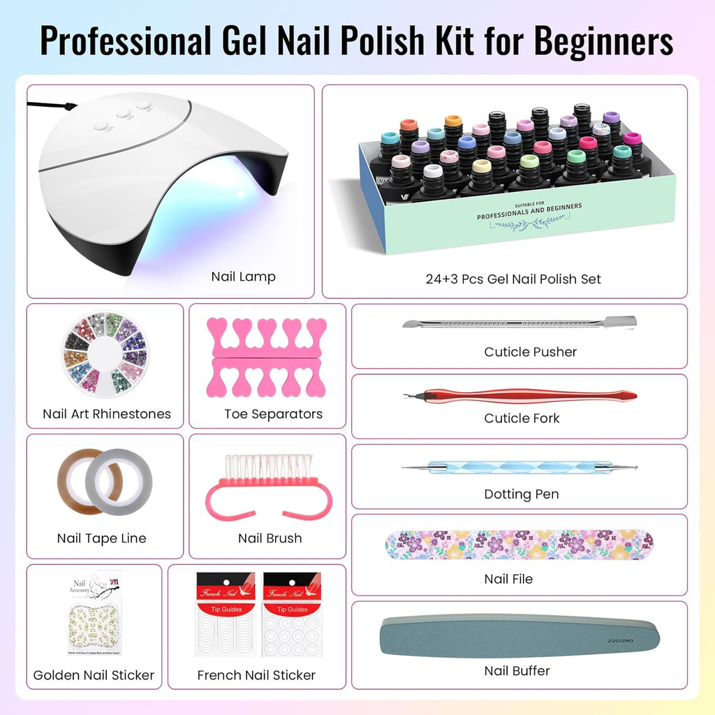 VANREESA 42 Pcs Gel Nail Polish Kit with U V Light 24 Popular Colors Gel Polish Nail Kit Green Blue Purple Pink Orange Complete Nail Kit with Manicure Tools Gifts for Women Girls : Beauty & Personal Care