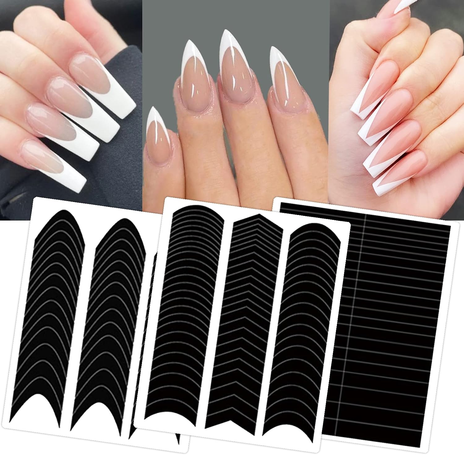 36 Sheets 1860 Pcs French Tip Nail Guides. Self-Adhesive French V-Shaped Moon Shaped Manicure Strip Stickers for Edge Auxiliary Black DIY Decoration Stencil Tools : Beauty & Personal Care