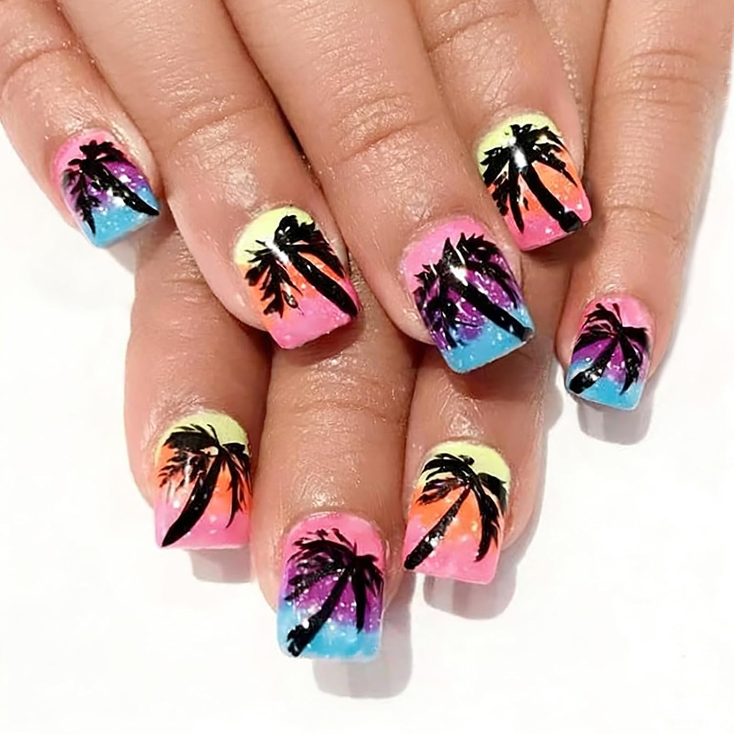 24Pcs Colorful Flower Press-On Nails - Short. Square. Fake. Spring-Summer Nail Art Set. Light Pink Acrylic. Full Cover Glossy False Nails for Women & Girls : Beauty & Personal Care