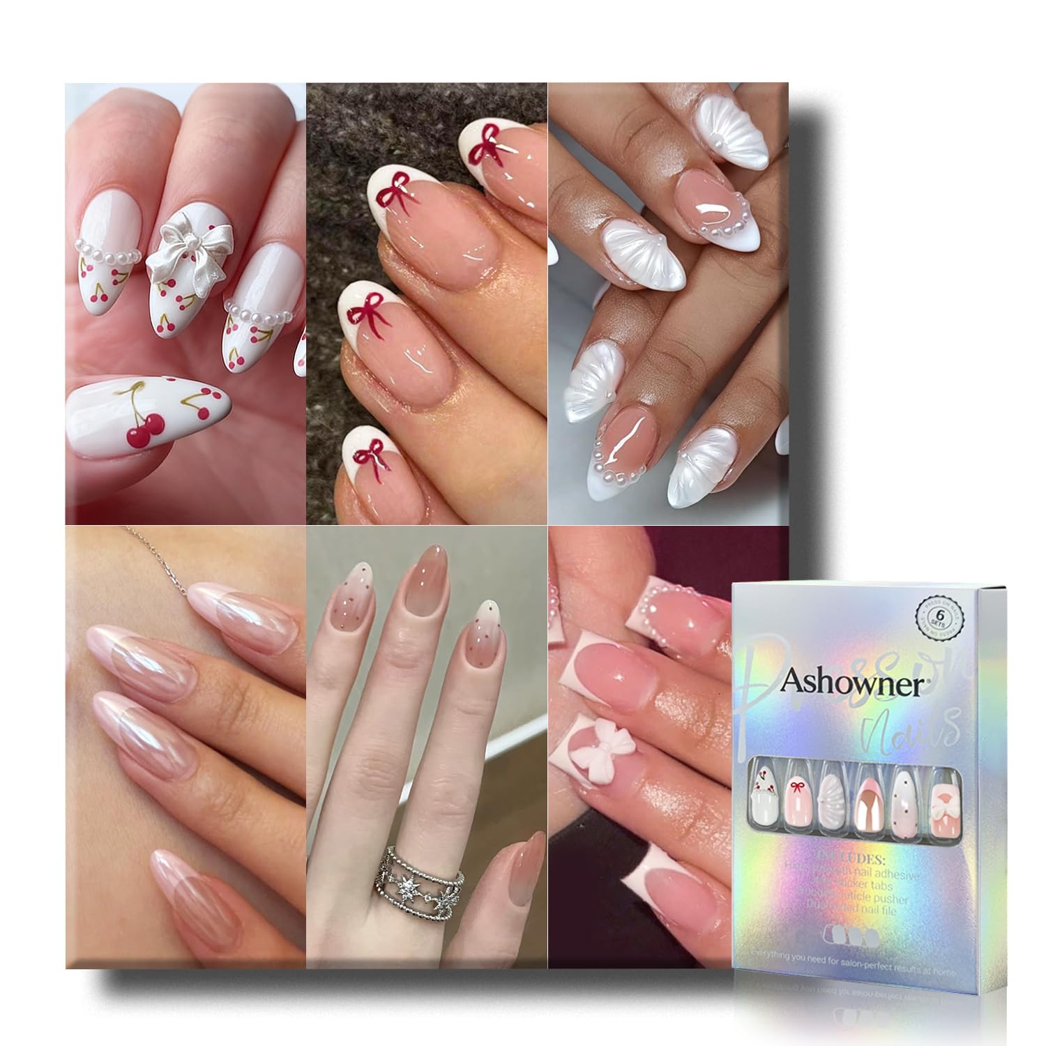 6 Packs (144 Pcs) | Reusable Press on Nails | Stick on Nails 12 Sizes-6 Styles | Cute Bow Nails : Beauty & Personal Care