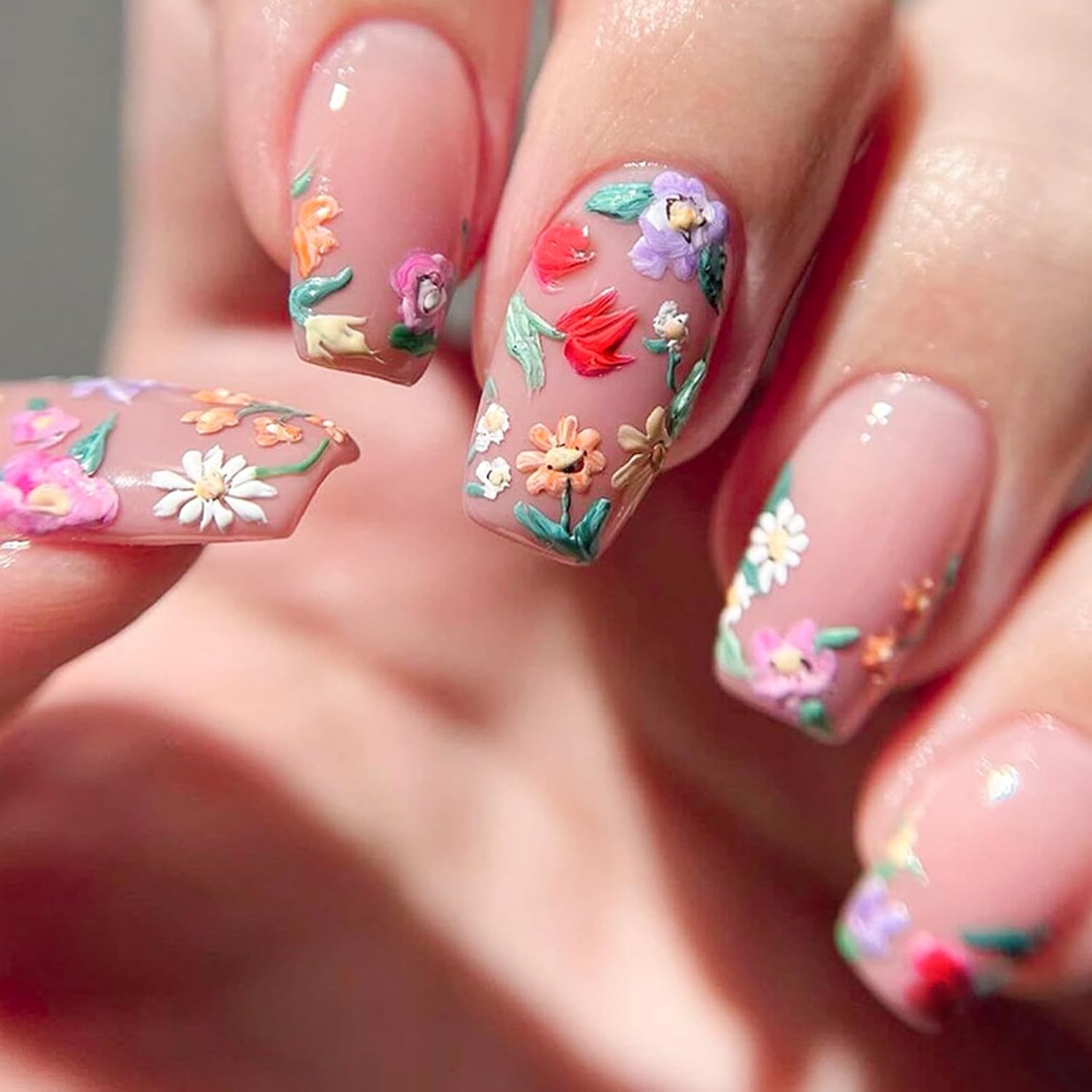 YOSOMMK Press on Nails Short Square Fake Nails with Flower Designs Nude Pink Glossy Full Cover Stick on Nail Bling Sequins Acylic Nail for Women and Girls : Beauty & Personal Care