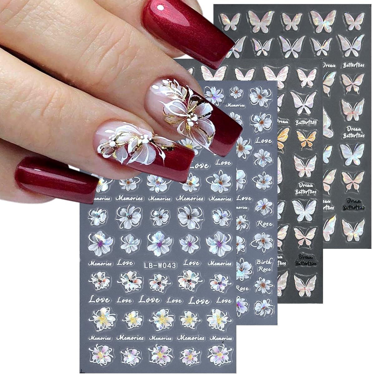Fcozpjk 5D Embossed White Flowers Nail Stickers. 5 Sheets Self-Adhesive Floral Nail Decals. Spring Rose Butterfly Nail Art. 3D Acrylic Flowers for Manicure Decor : Beauty & Personal Care