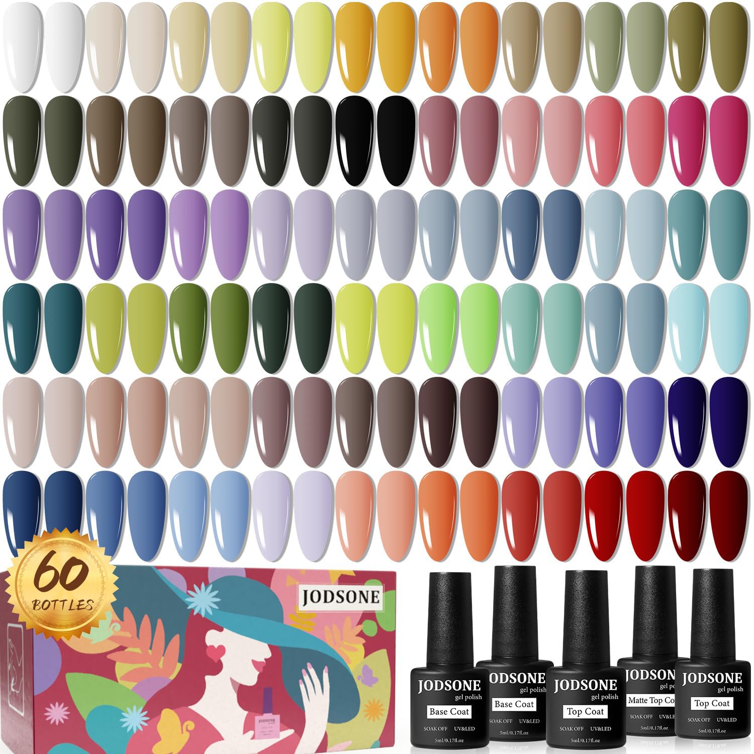 JODSONE 60 PCS Gel Nail Polish Set with 5 Bottles of Base and Glossy Matte Top Coat Soak off Gel Nail Set Suitable for All Seasons Gifts : Beauty & Personal Care