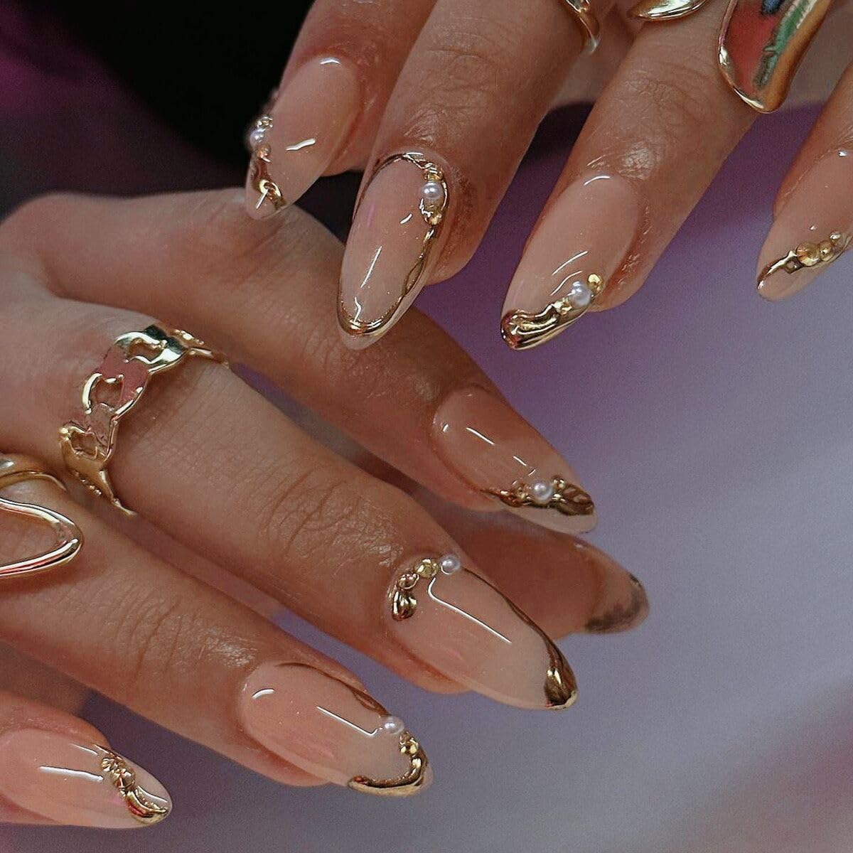 CTTHNBD Press on Nails Almond - French Tip Fake Nails with Gold Line Design - Medium Fasle Nails Press ons - for Women 24 Pcs : Beauty & Personal Care
