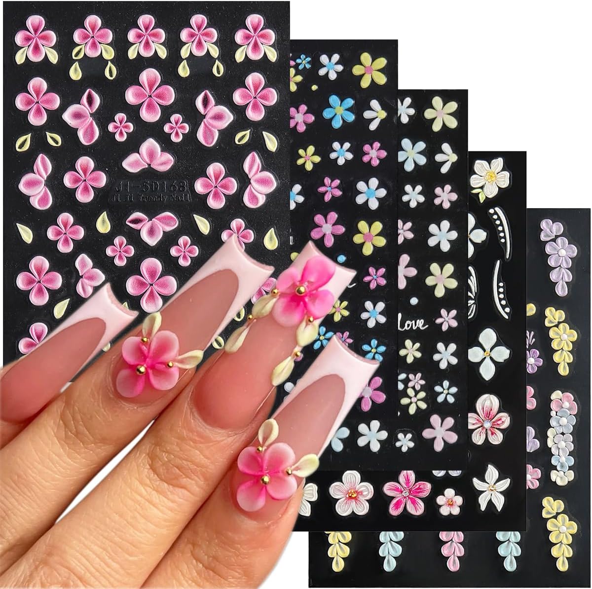 Fcozpjk 5D Embossed White Flowers Nail Stickers. 5 Sheets Self-Adhesive Floral Nail Decals. Spring Rose Butterfly Nail Art. 3D Acrylic Flowers for Manicure Decor : Beauty & Personal Care