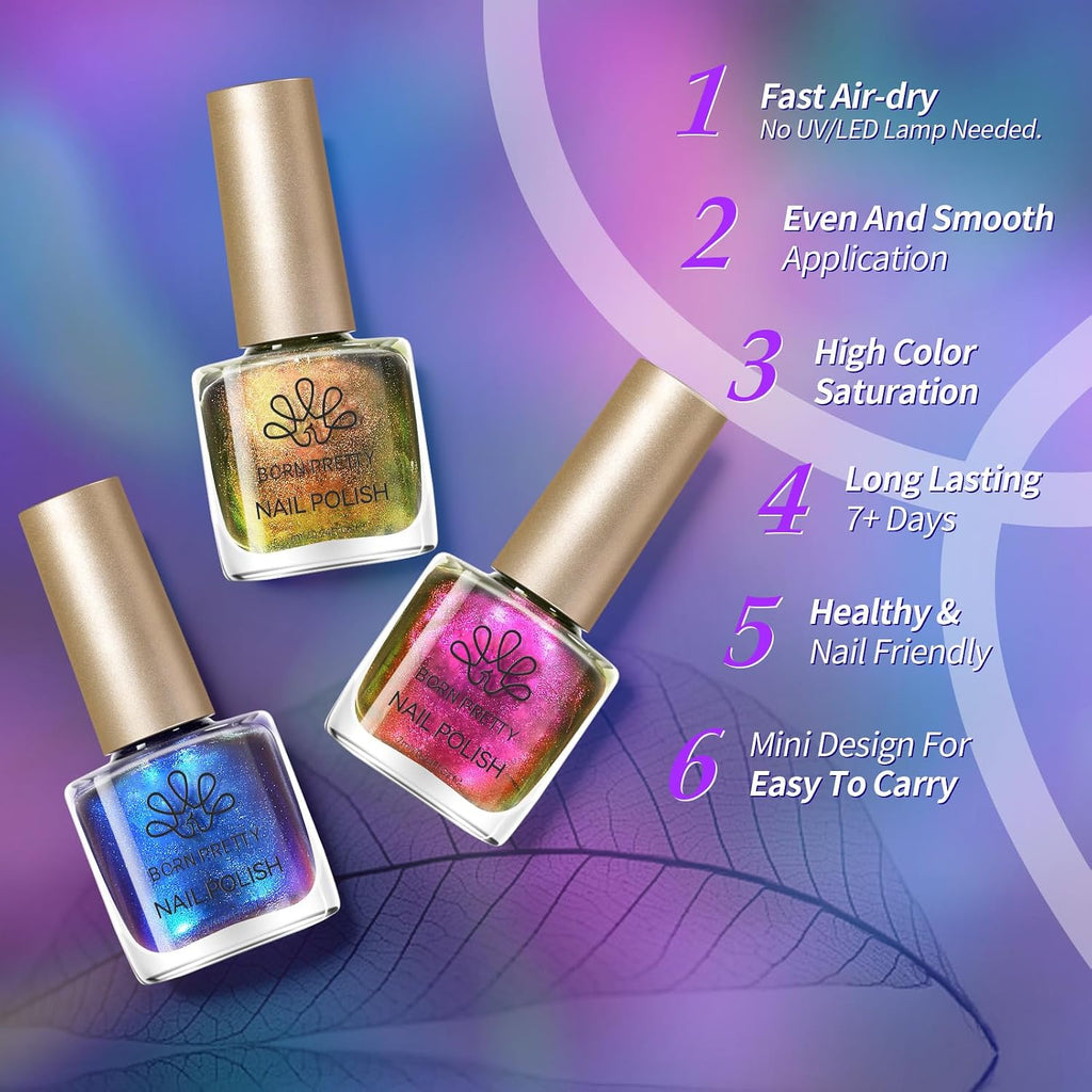 Born Pretty Chameleon Nail Polish Set. 6 Colors Chrome Holographic Metallic Glitter Quick Dry Nail Lacquer Kit Long Lasting DIY Fingernail Art Home Salon Valentines Gifts for Women Girls : Beauty & Personal Care