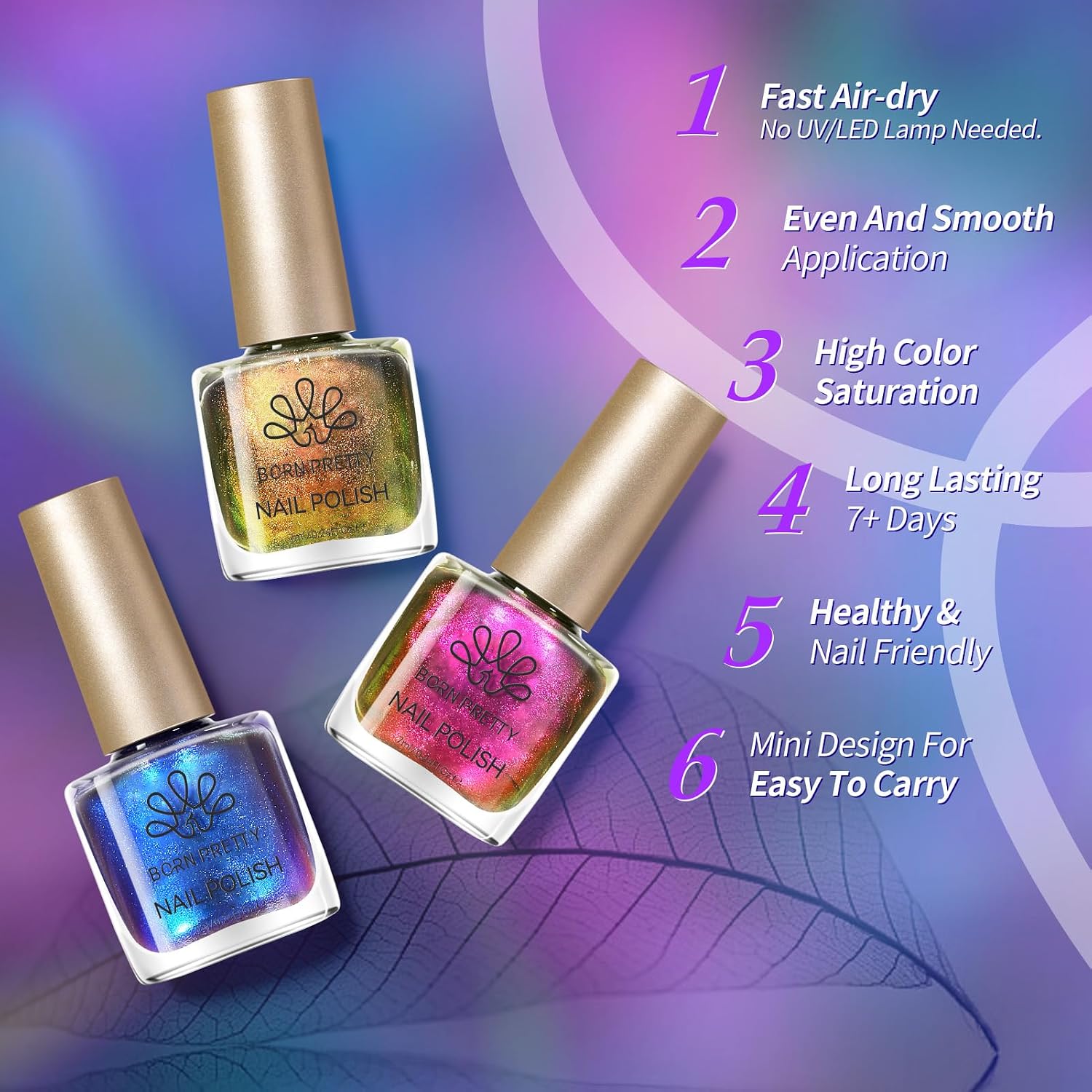 Born Pretty Chameleon Nail Polish Set. 6 Colors Chrome Holographic Metallic Glitter Quick Dry Nail Lacquer Kit Long Lasting DIY Fingernail Art Home Salon Valentines Gifts for Women Girls : Beauty & Personal Care