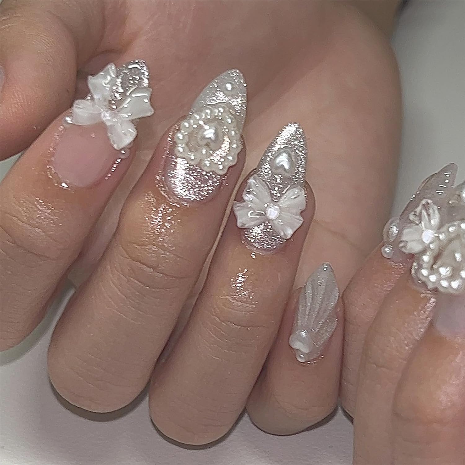 YKZFUI French Tip Press on Nails with Charms. Medium. Cute Bow. Long Square Shape. Acrylic Fake Stick On Nails with Heart and Rhinestones for Women Daily Wear. White : Beauty & Personal Care