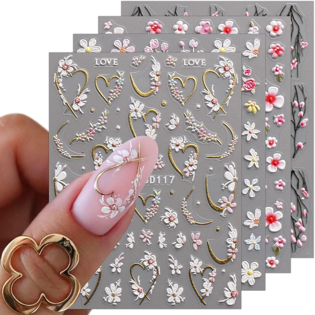 JMEOWIO 3D Embossed Flower Nail Art Stickers Decals Self-Adhesive 5D Spring Summer Floral Nail Supplies Nail Art Design Decoration Accessories 4 Sheets : Beauty & Personal Care