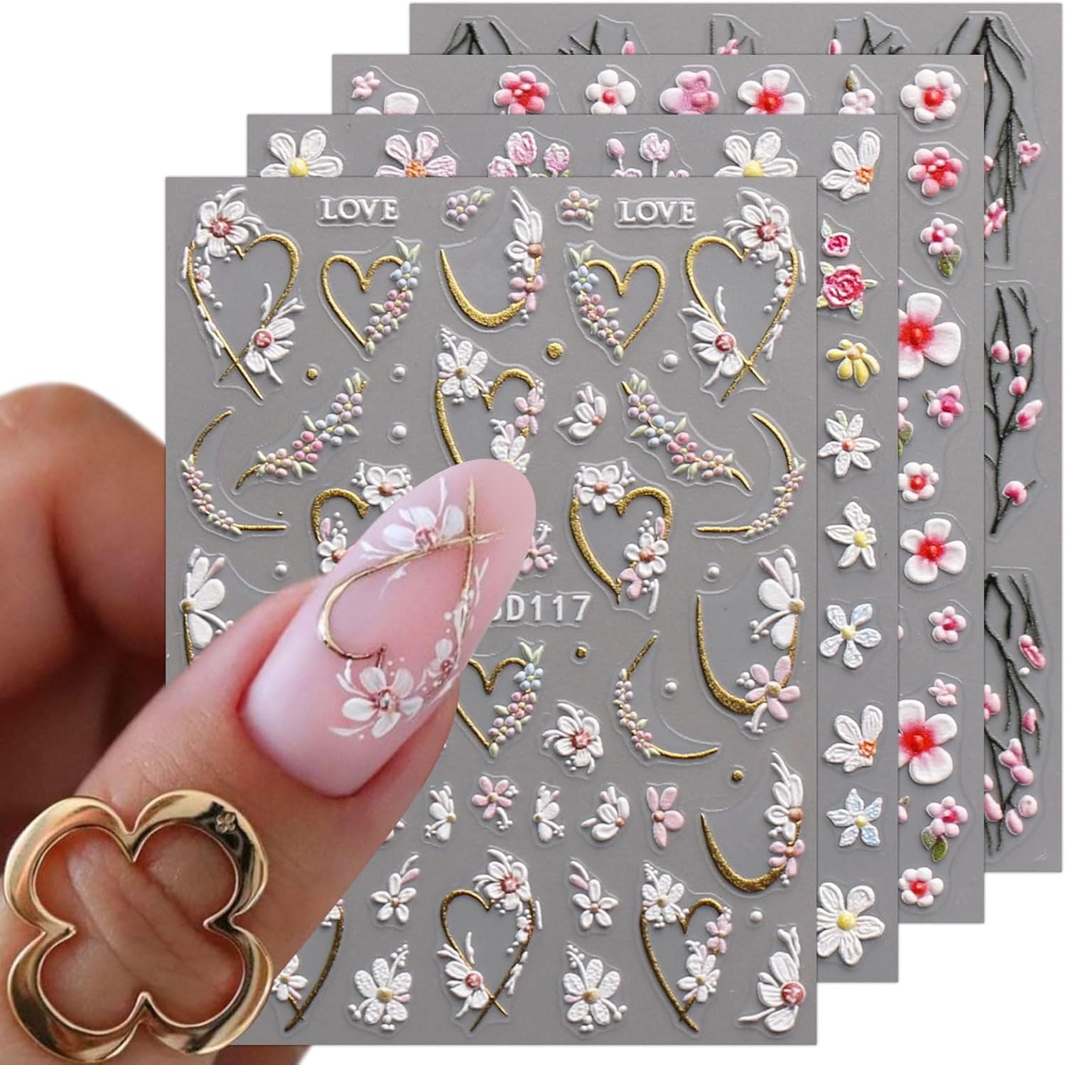 JMEOWIO 3D Embossed Flower Nail Art Stickers Decals Self-Adhesive 5D Spring Summer Floral Nail Supplies Nail Art Design Decoration Accessories 4 Sheets : Beauty & Personal Care