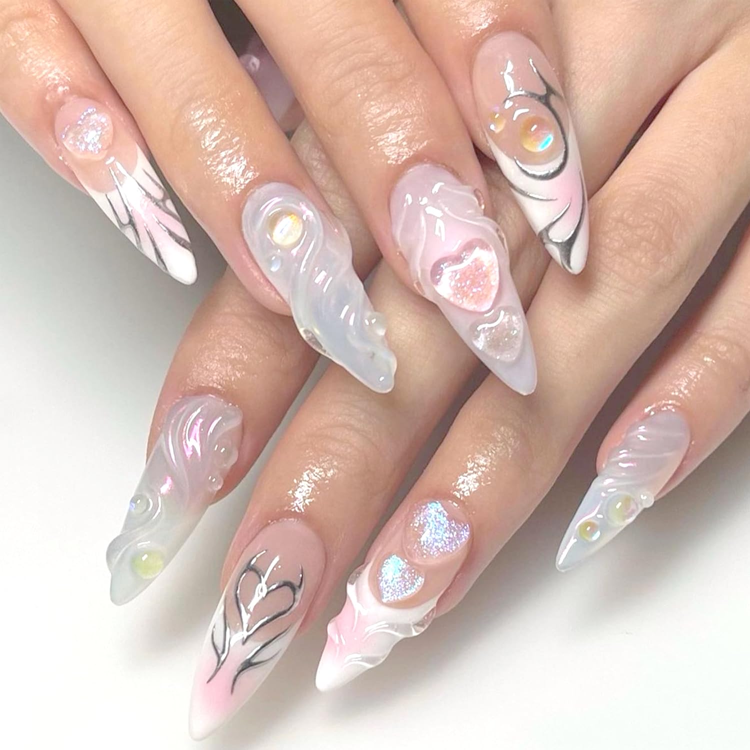 YKZFUI French Tip Press on Nails with Charms. Medium. Cute Bow. Long Square Shape. Acrylic Fake Stick On Nails with Heart and Rhinestones for Women Daily Wear. White : Beauty & Personal Care