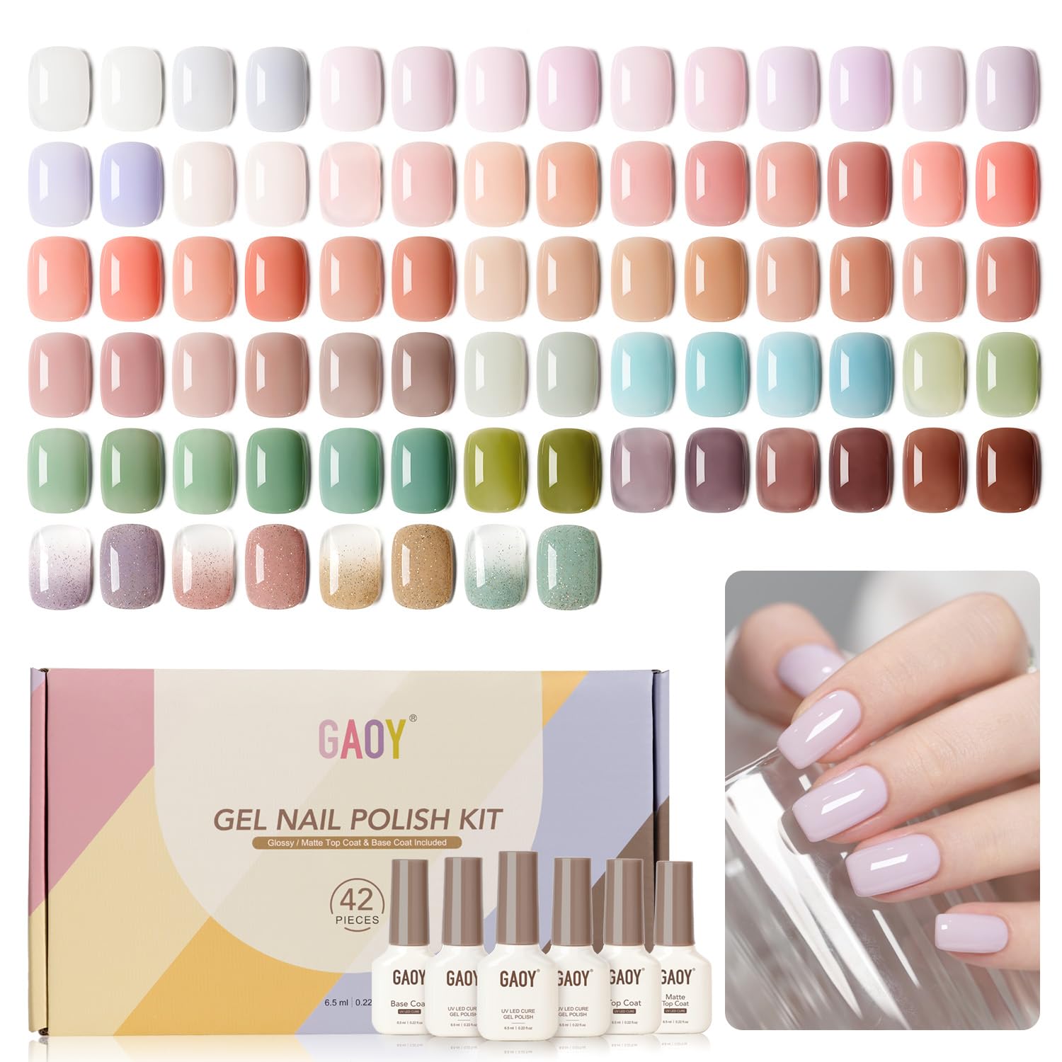 GAOY 42 Pcs Gel Nail Polish Kit. Pink White Red Jelly Nude Colors All Seasons Gel Nail Polish Set with Glossy & Matte Top Coat and Base Coat for DIY Manicure at Home : Beauty & Personal Care