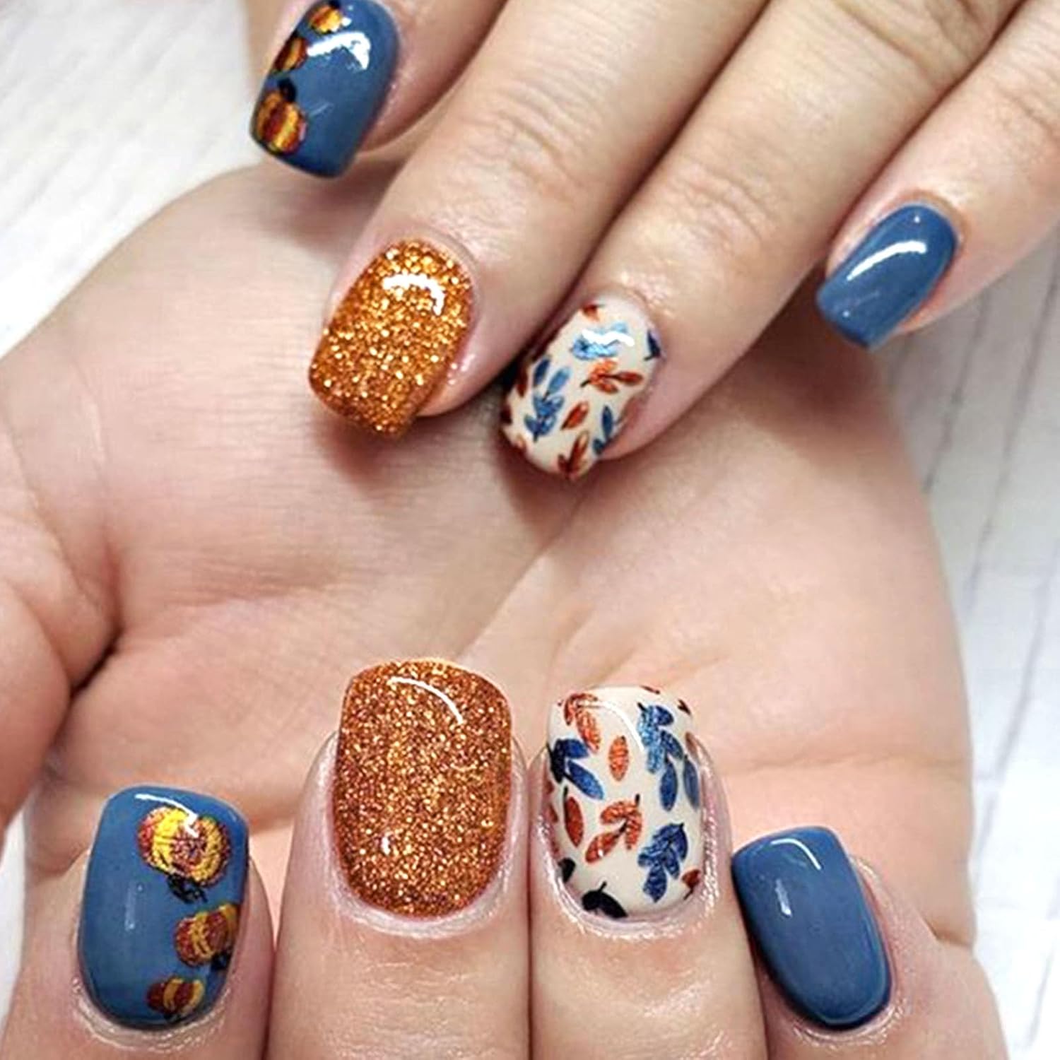 Square Press on Nails Short Sea Blue Fake Nails Glossy Acrylic Nails Press ons Full Cover False Nails with Golden Glitter Designs Glue Stick on Nails for Women Girls 24 Pcs : Beauty & Personal Care