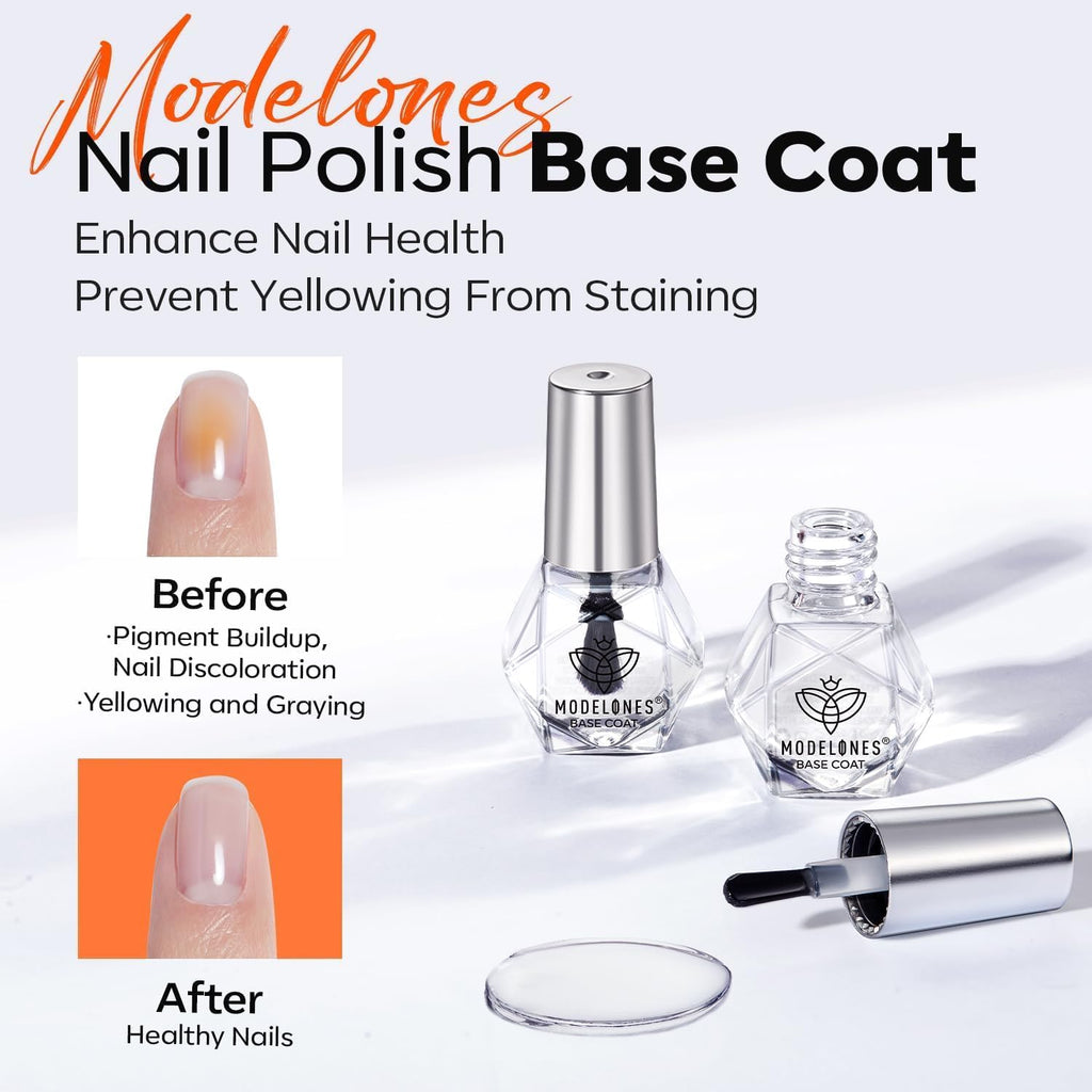 modelones 2 Pcs No Wipe Top Coat and Base Coat Nail Polish Set. Clear Quick Dry Nail Polish High Shine Long Lasting Glossy Regular Nail Lacquer Air Dry Fast Base Top Coat Gifts for Women Nail Art 5 ML : Beauty & Personal Care