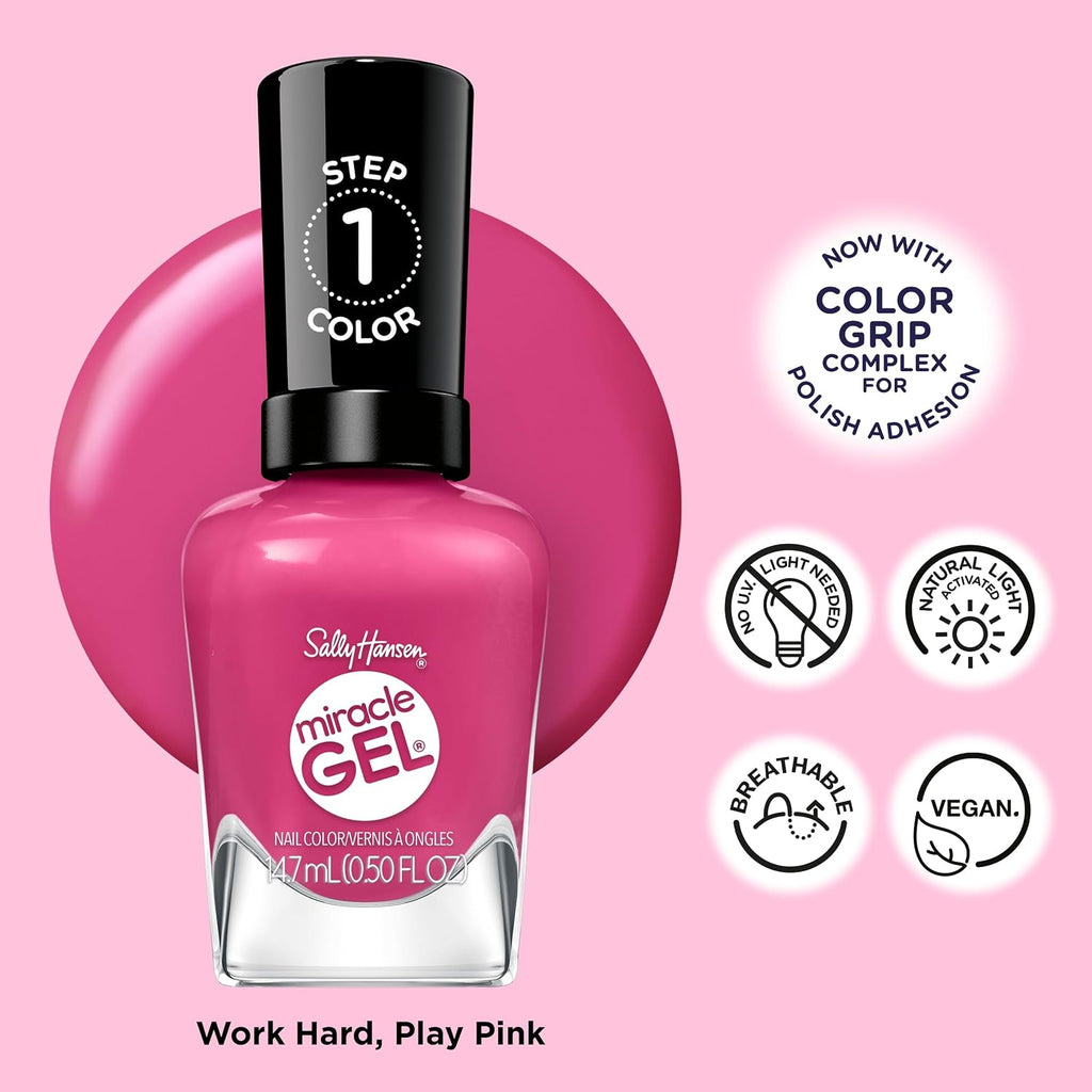 Sally Hansen Miracle Gel Supercharged Pinks Nail Polish | Salon Quality Gel-Like Formula. Two-Step System. No UV Light Needed. Long Lasting | 350 Work Hard. Play Pink | Bright Pink Crème Nail Color : Beauty & Personal Care