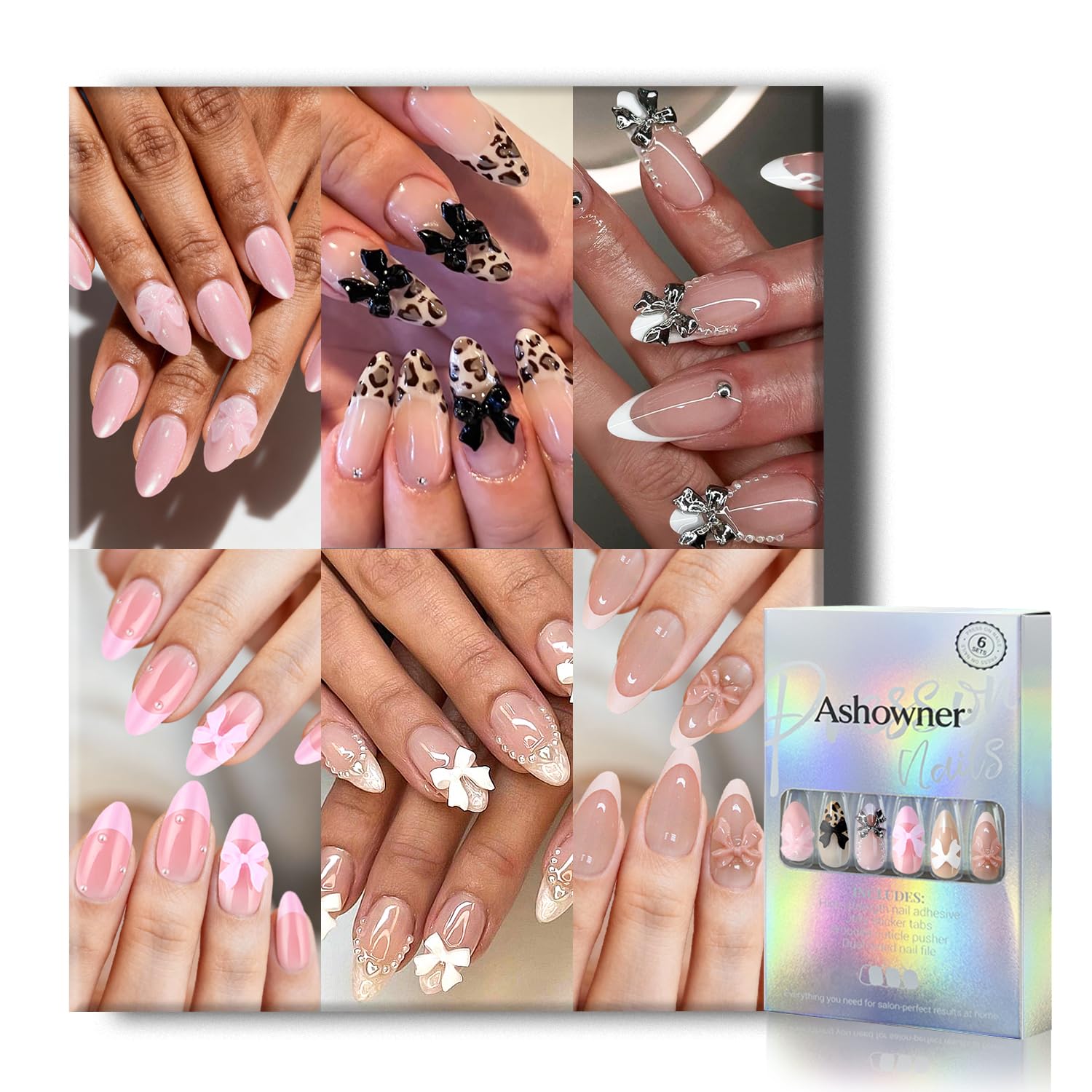 6 Packs (144 Pcs) | Reusable Press on Nails | Stick on Nails 12 Sizes-6 Styles | Cute Bow Nails : Beauty & Personal Care