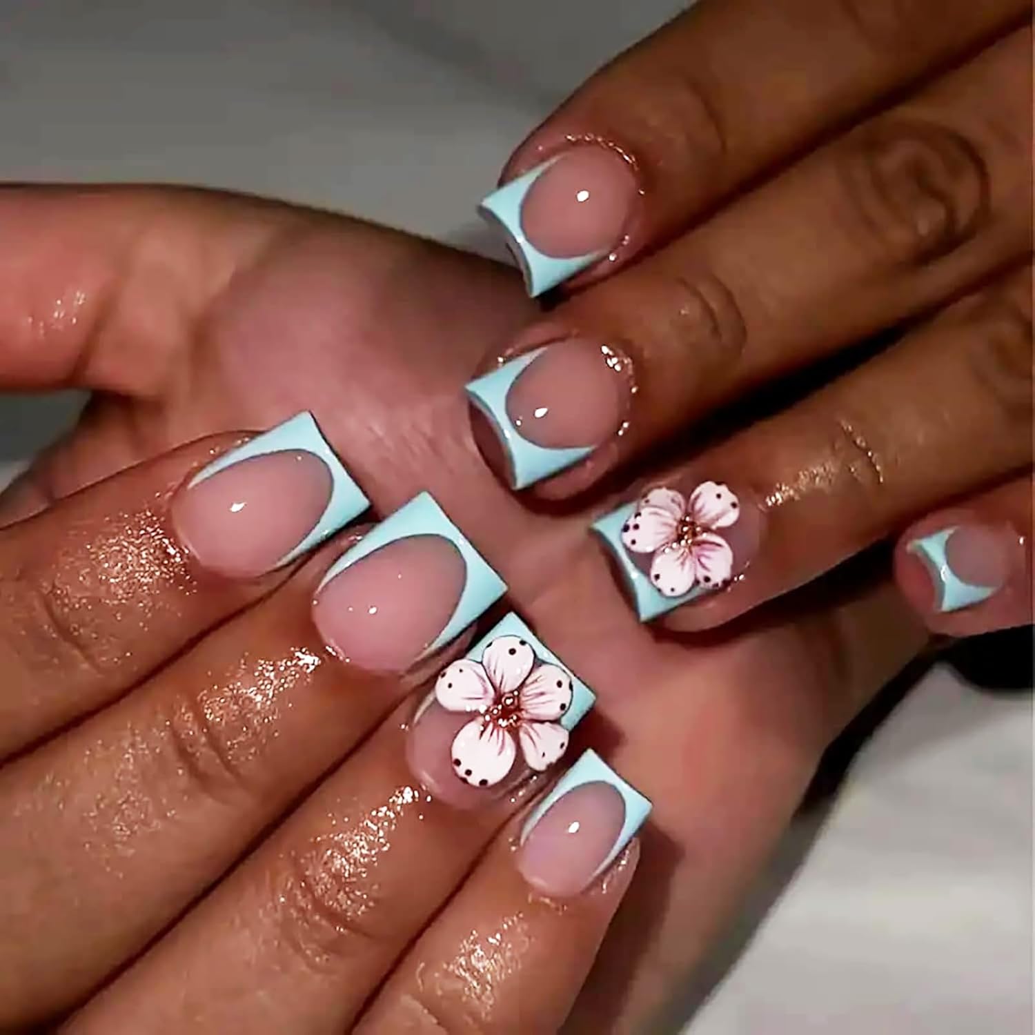 24Pcs Colorful Flower Press-On Nails - Short. Square. Fake. Spring-Summer Nail Art Set. Light Pink Acrylic. Full Cover Glossy False Nails for Women & Girls : Beauty & Personal Care