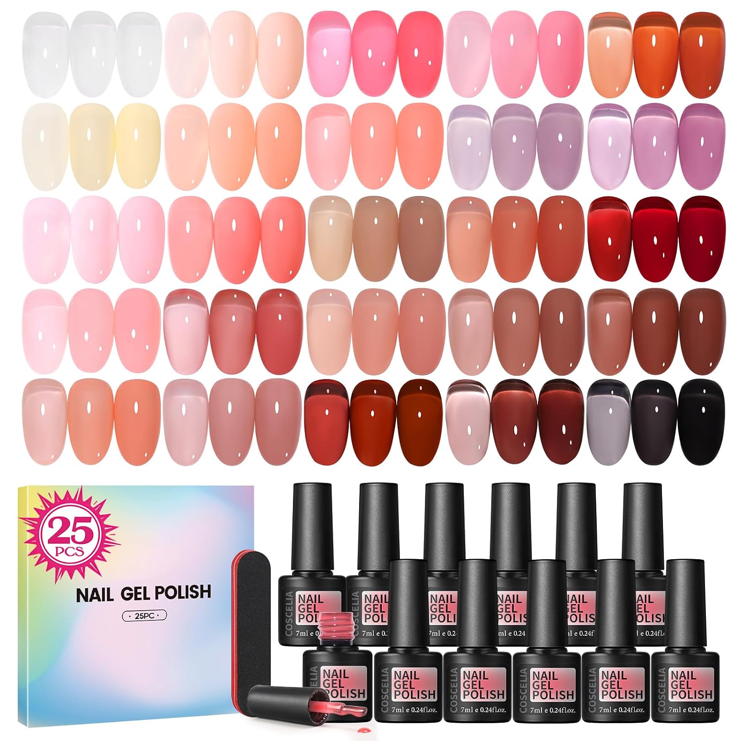 COSCELIA 25PCS Gel Nail Polish Set Spring Summer Colors Gel Nail Polish Soak Off with Glossy Matte Silver Golden Glitter Top Coat Red Brown Black White Green DIY Gifts for Women Girls : Beauty & Personal Care