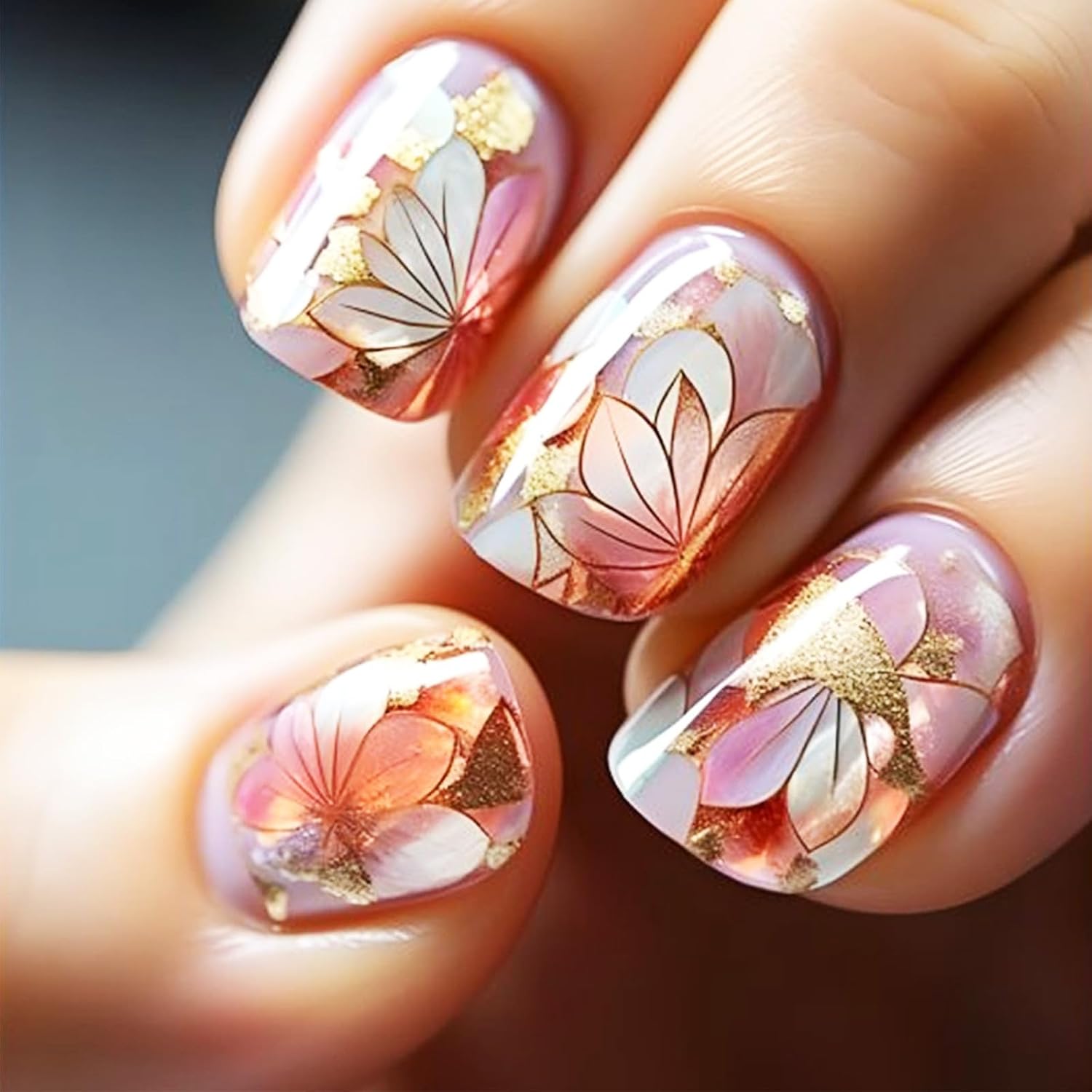 24Pcs Gold Curve Line Press on Nails Sea Acrylic Fake Nail Glossy Blue Gradient Medium Square False Nails Love Heart Stick on Fingernails Seaweed Gel Glue on Nail for Coquette Women Girls : Beauty & Personal Care