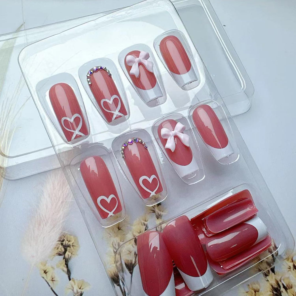 YKZFUI French Tip Press on Nails with Charms. Medium. Cute Bow. Long Square Shape. Acrylic Fake Stick On Nails with Heart and Rhinestones for Women Daily Wear. White : Beauty & Personal Care
