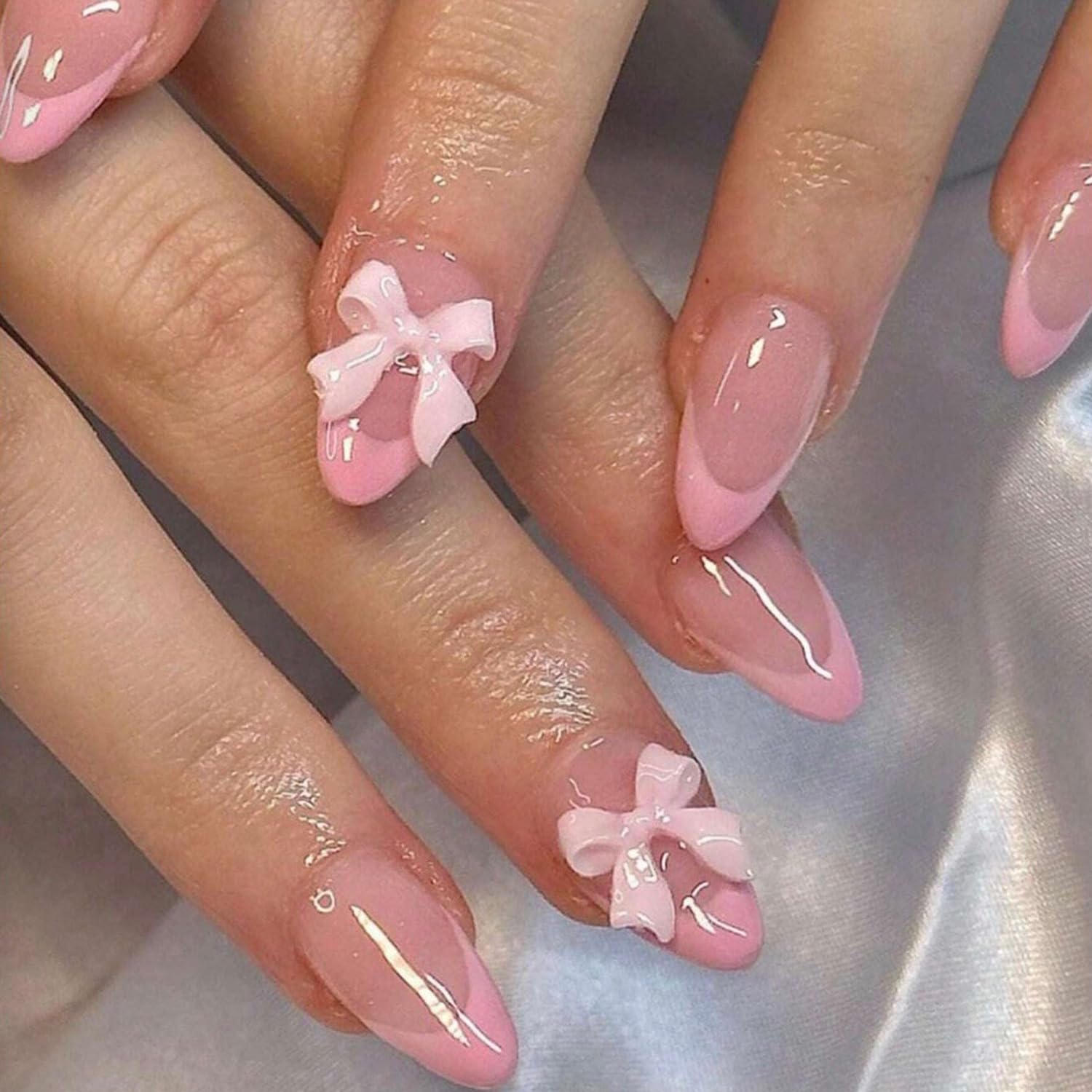 YKZFUI French Tip Press on Nails with Charms. Medium. Cute Bow. Long Square Shape. Acrylic Fake Stick On Nails with Heart and Rhinestones for Women Daily Wear. White : Beauty & Personal Care