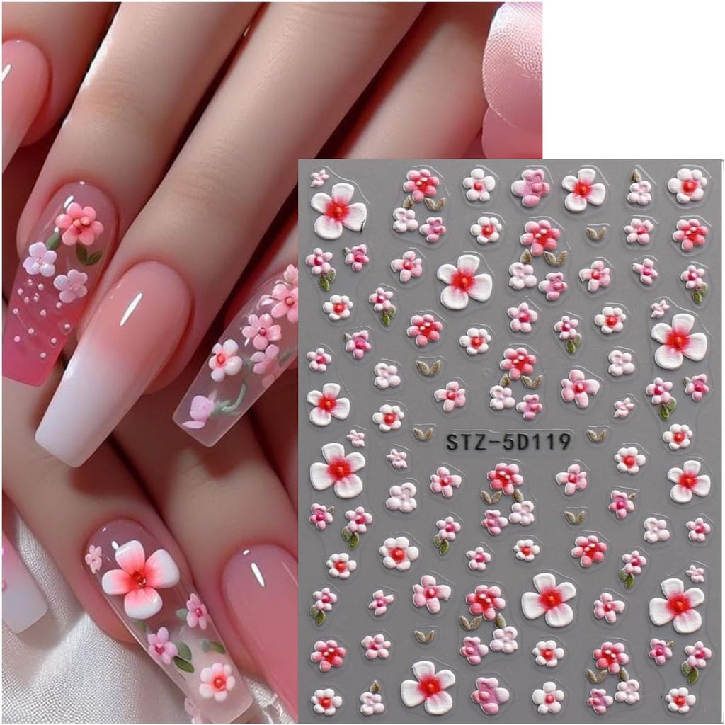 JMEOWIO 3D Embossed Flower Nail Art Stickers Decals Self-Adhesive 5D Spring Summer Floral Nail Supplies Nail Art Design Decoration Accessories 4 Sheets : Beauty & Personal Care