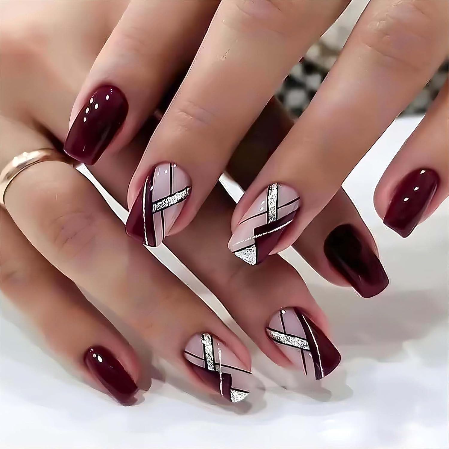 RUOKEXIN Heart Press On Nails Medium Square Fake Nails Glitter Glossy Acrylic False Nails with Rhinestones Designs Ombre Pink Full Cover Press Ons Fall Winter Holiday Stick on Nails for Women 24Pcs : Beauty & Personal Care