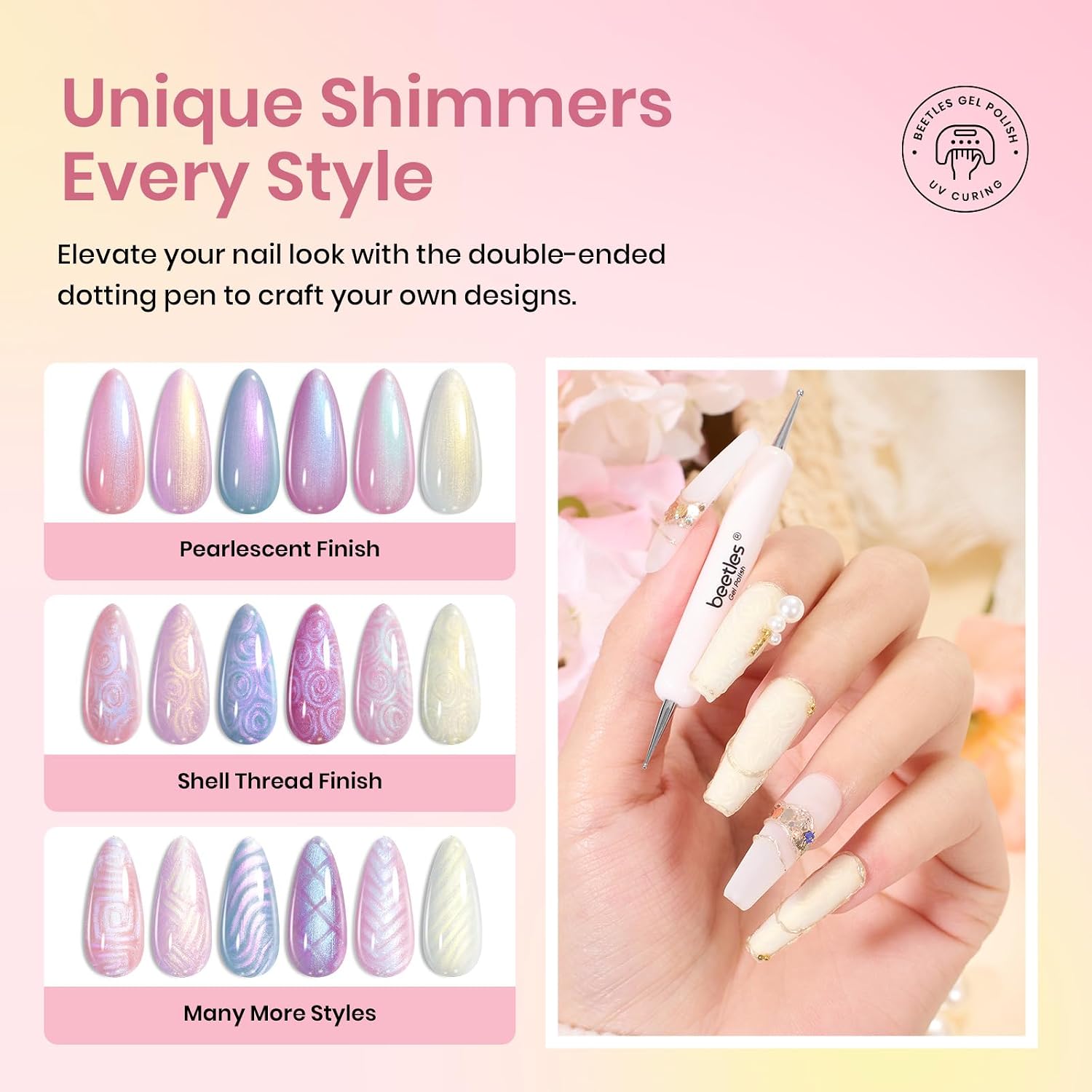 Beetles Pearl Gel Nail Polish. 6 Colors Shimmer White Pink Purple Mermaid Nail Drawing Gel. Soak Off UV Gel Polish Swirl Shell Thread Effect DIY Manicure Nail Art Gifts for Women : Beauty & Personal Care