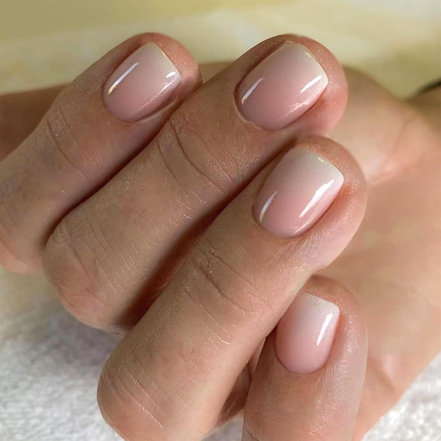 Short Press on Nails Square Nude Ombre Fake Nails Press ons White Glue Stick on Nails with Designs Full Cover Acrylic Glossy Artificial Cute False Nail for Women Girls 24 Pcs : Beauty & Personal Care