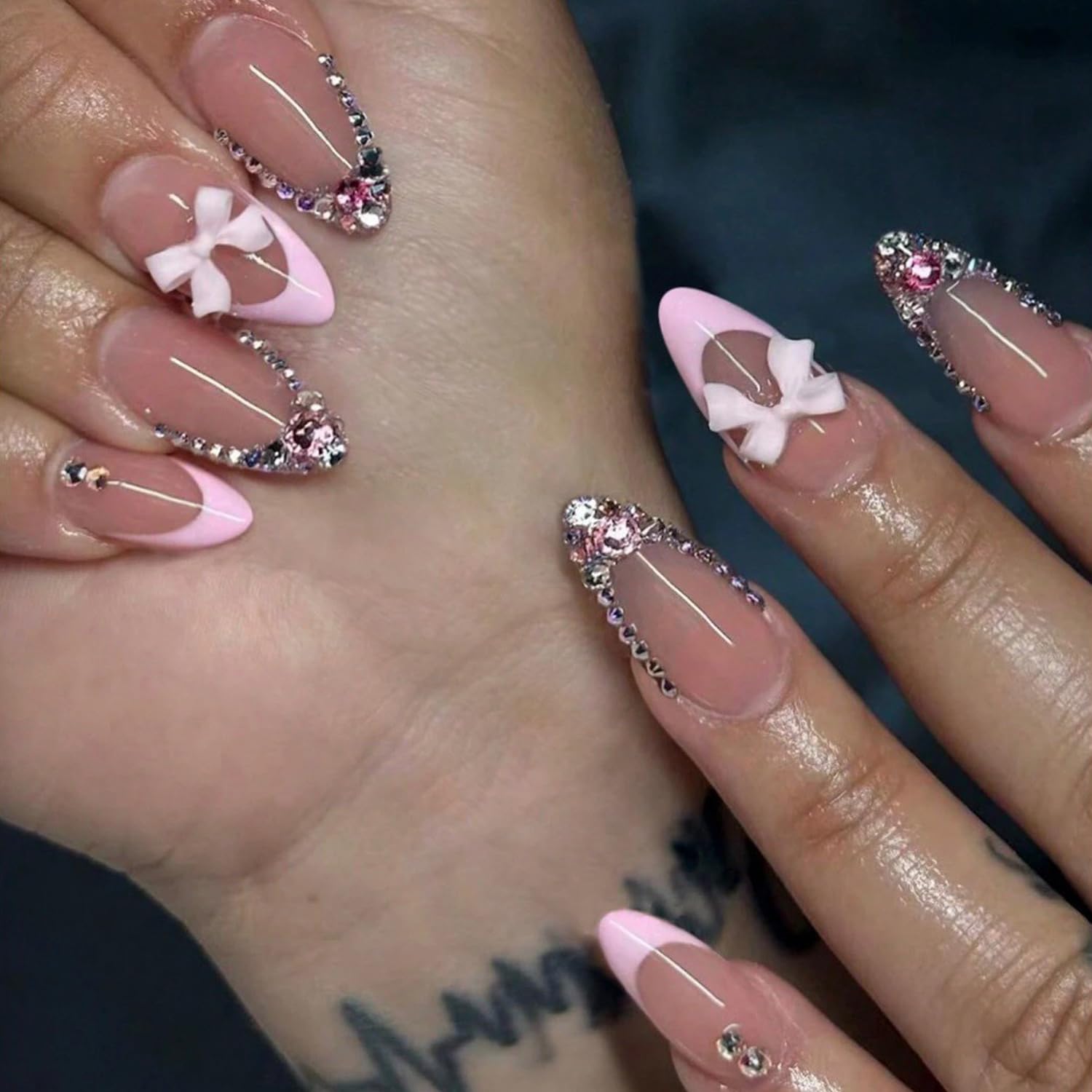YKZFUI French Tip Press on Nails with Charms. Medium. Cute Bow. Long Square Shape. Acrylic Fake Stick On Nails with Heart and Rhinestones for Women Daily Wear. White : Beauty & Personal Care