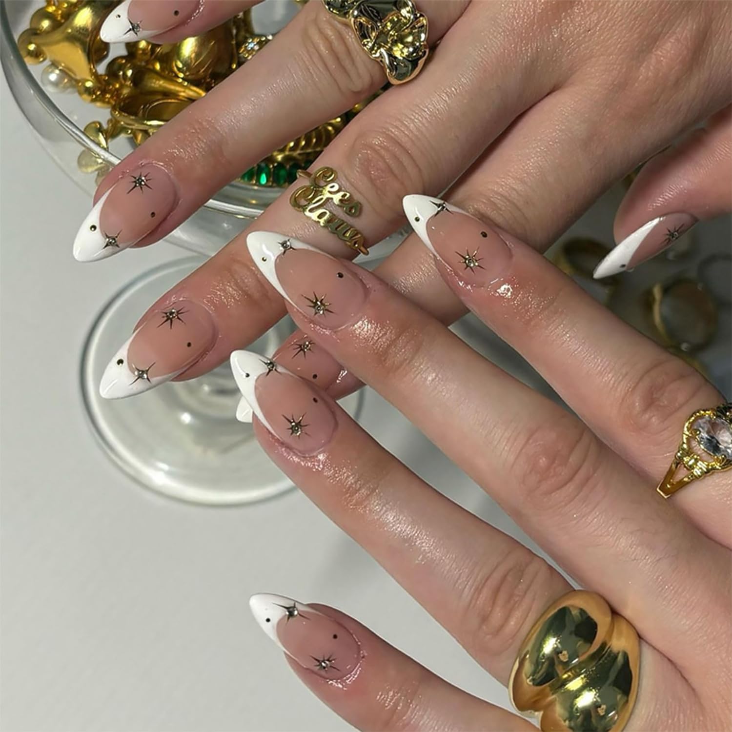 DZPGUONIZ 24pcs Short Square Press on Nails French Tip Fake Nails White Flower with Star Design Glitter False Nails Luxury Nail Charms Crafts White Stripes Glue on Nails for Women Manicure Tips : Beauty & Personal Care