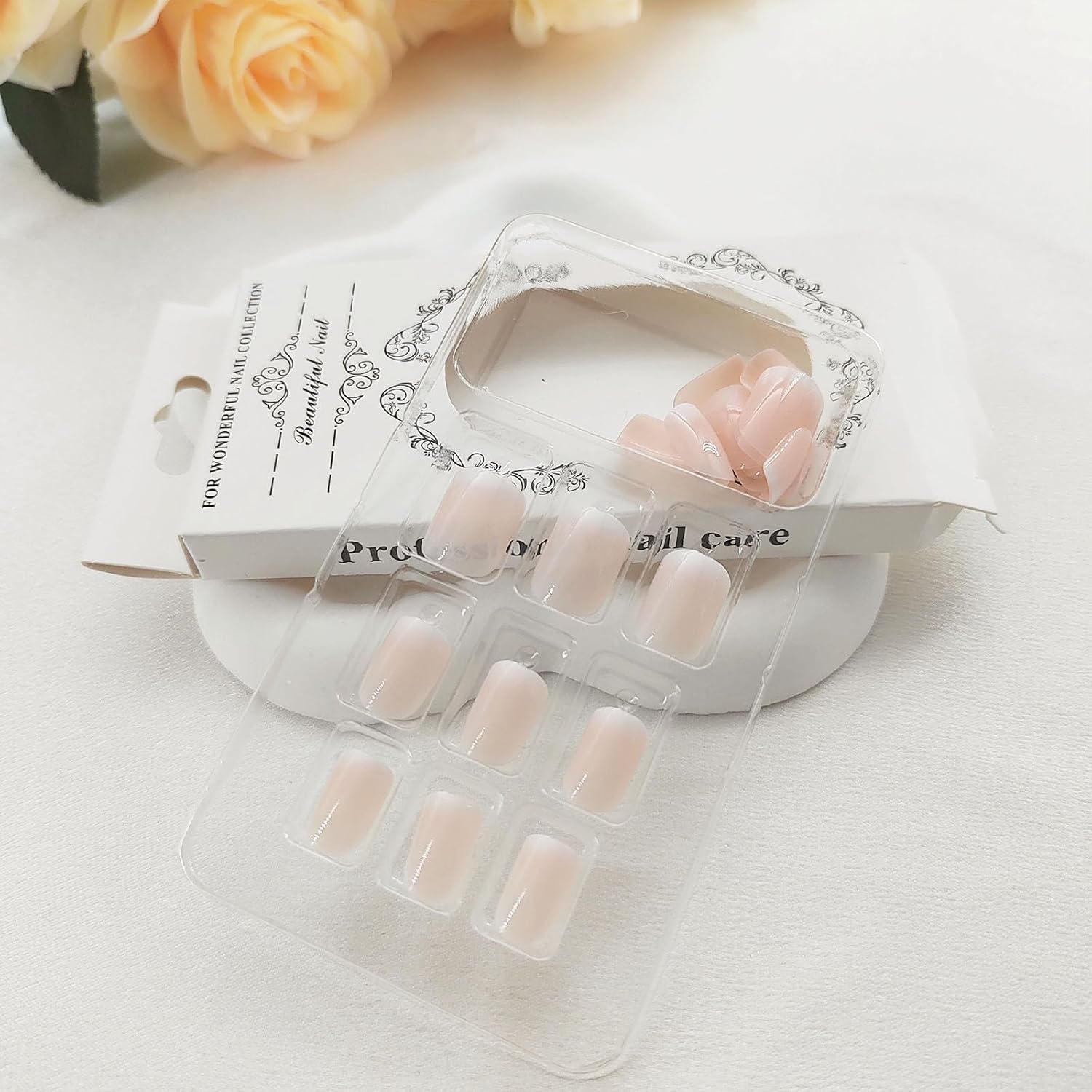Short Press on Nails Square Nude Ombre Fake Nails Press ons White Glue Stick on Nails with Designs Full Cover Acrylic Glossy Artificial Cute False Nail for Women Girls 24 Pcs : Beauty & Personal Care