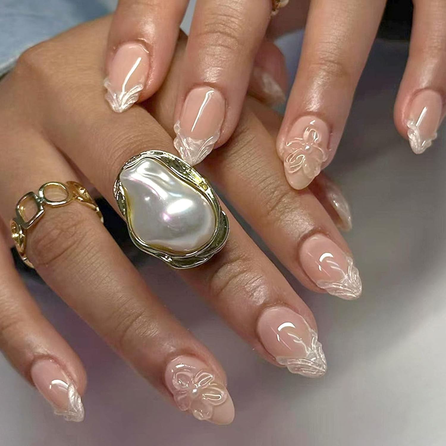 Short Press On Almond Fake Nails - Flower Acrylic Fall Nails Press Ons Full Cover Glue On Cute False Floral Stick On Nails for Women - 30 Pcs : Beauty & Personal Care