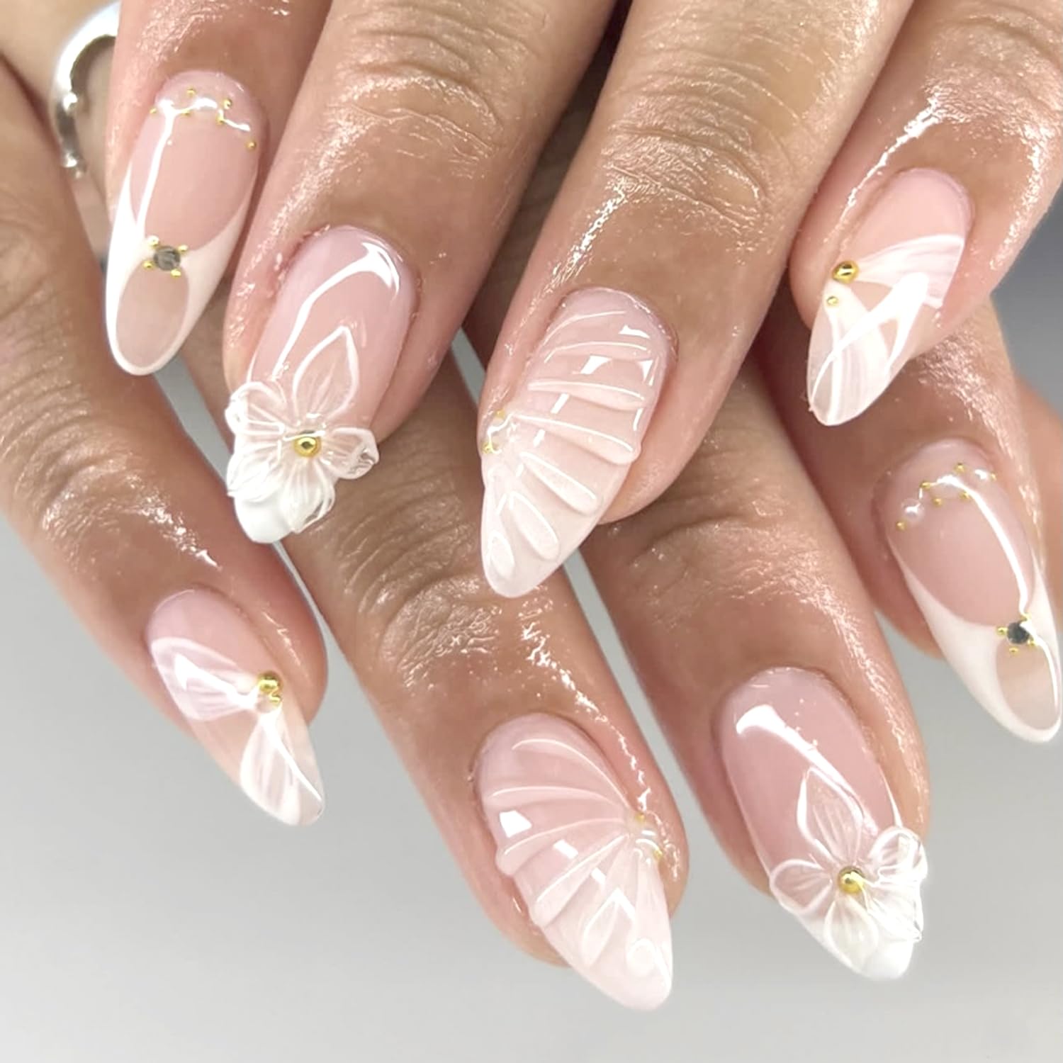 YKZFUI French Tip Press on Nails with Charms. Medium. Cute Bow. Long Square Shape. Acrylic Fake Stick On Nails with Heart and Rhinestones for Women Daily Wear. White : Beauty & Personal Care