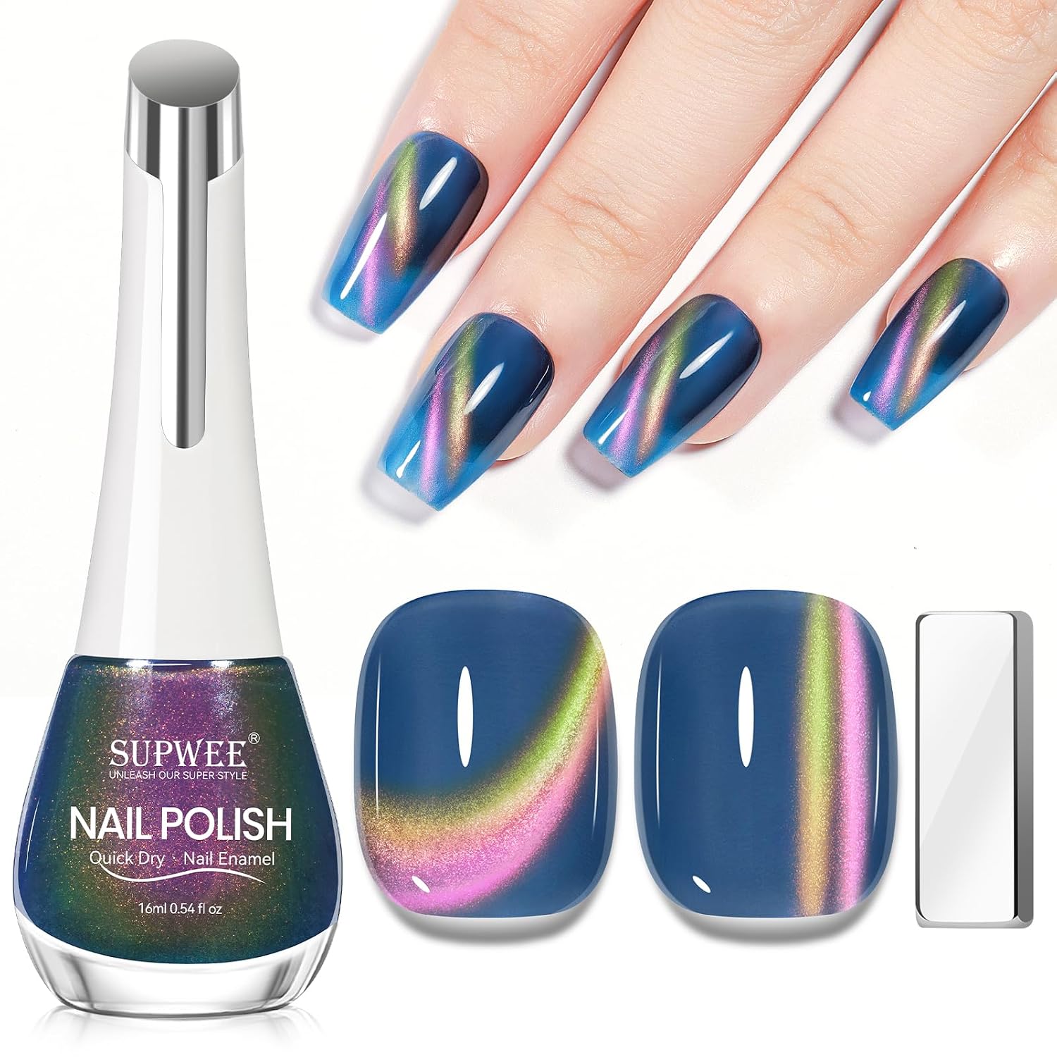 SUPWEE Cat Eye Nail Polish Non Gel with Magnet- Need to Use Black Base. Quick Dry Cateye Magnetic Nail Polish for Fingernail Air Drying Fast Lacquer Manicure Gift For Women Girls 16ml. 0.54fl oz : Beauty & Personal Care