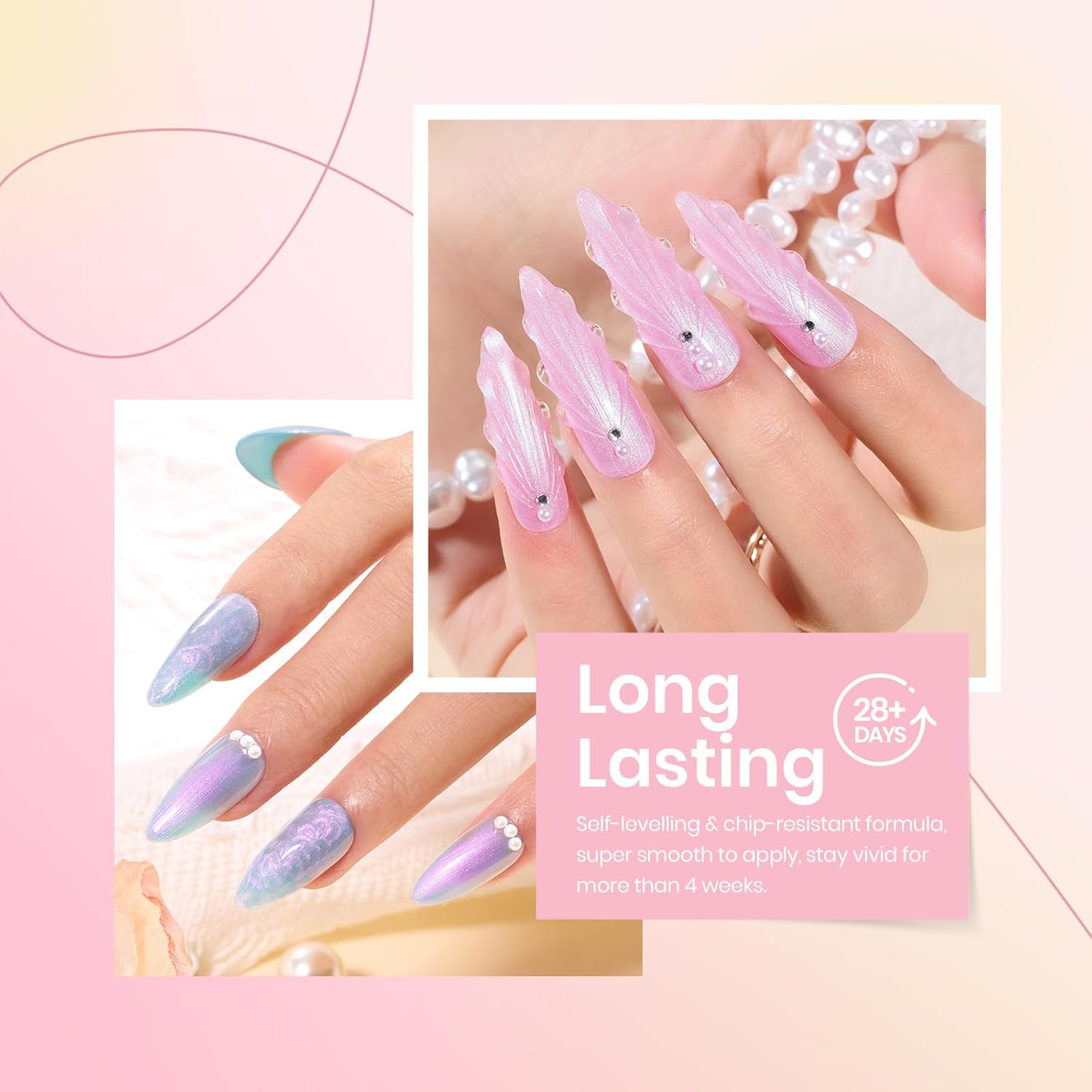 Beetles Pearl Gel Nail Polish. 6 Colors Shimmer White Pink Purple Mermaid Nail Drawing Gel. Soak Off UV Gel Polish Swirl Shell Thread Effect DIY Manicure Nail Art Gifts for Women : Beauty & Personal Care
