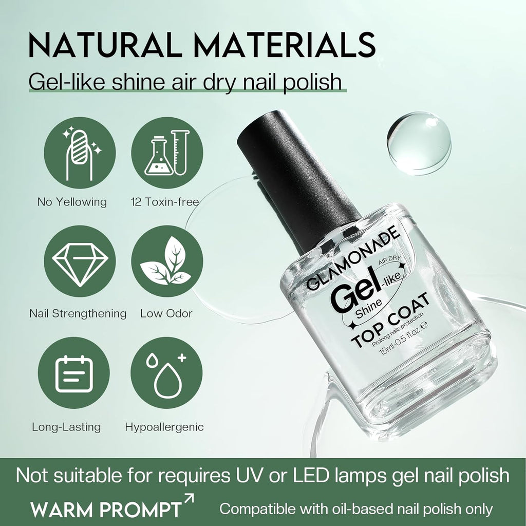 Glamonade Top Coat Nail Polish Clear: Quick Dry Nail Polish No Chip High Shine Long Lasting Glossy Fast Air Dry Top Coat for Nail Art Manicure Salon Quality : Beauty & Personal Care