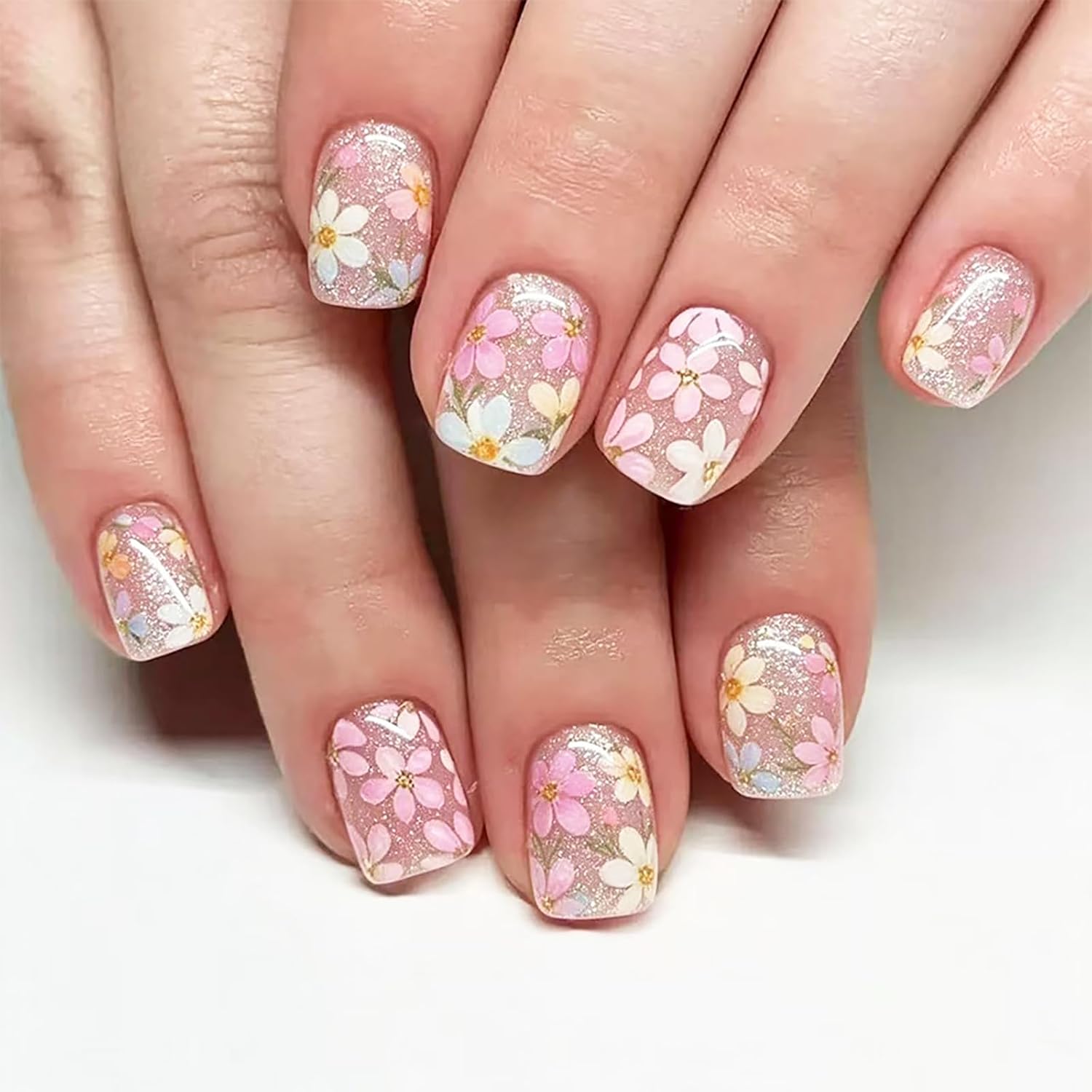 24Pcs Colorful Flower Press-On Nails - Short. Square. Fake. Spring-Summer Nail Art Set. Light Pink Acrylic. Full Cover Glossy False Nails for Women & Girls : Beauty & Personal Care