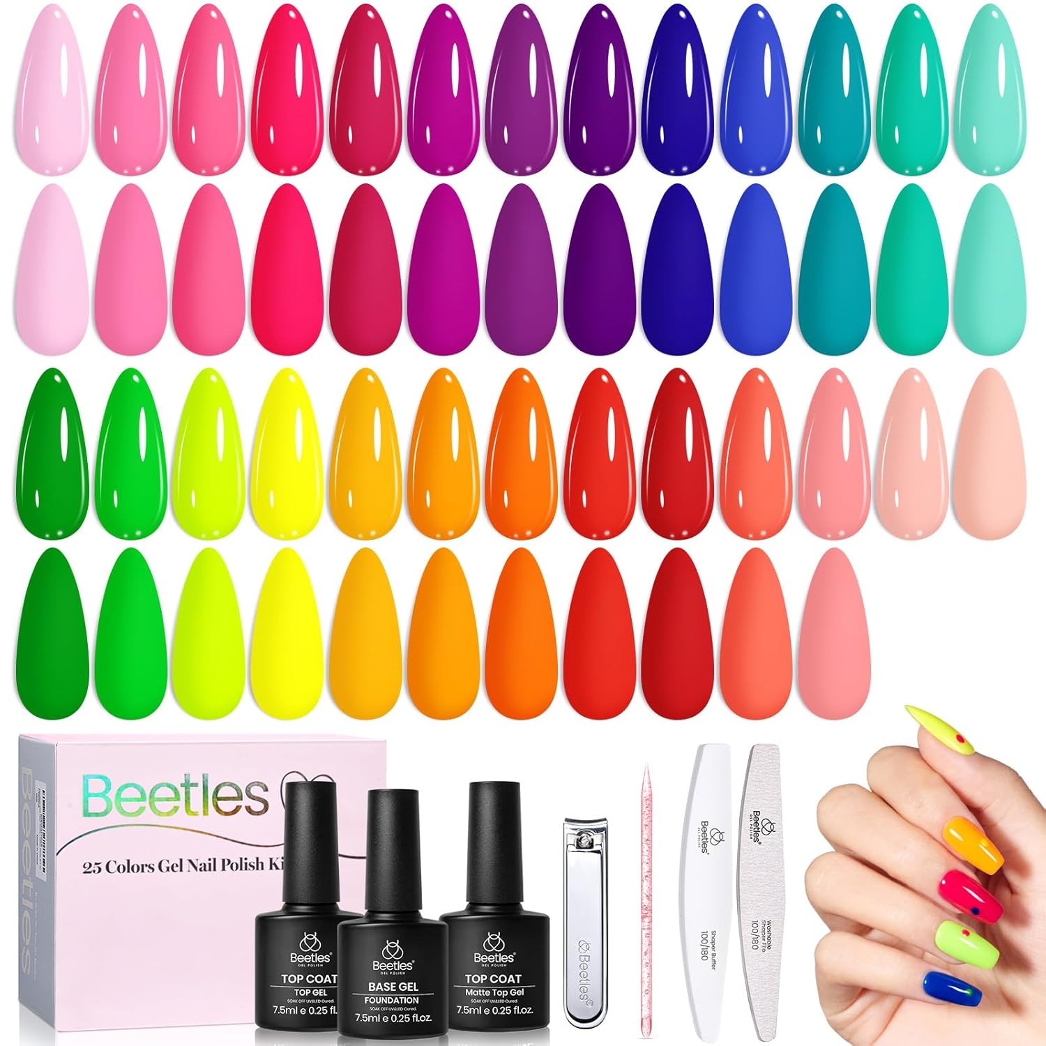 Beetles Summer Gel Polish Set - Fingertip Palette. 32 Colors Polish Set with Base Top Coat Pink Red Blue Purple Brown Yellow Green Black White UV LED Lamp Nails Gifts for Women : Beauty & Personal Care