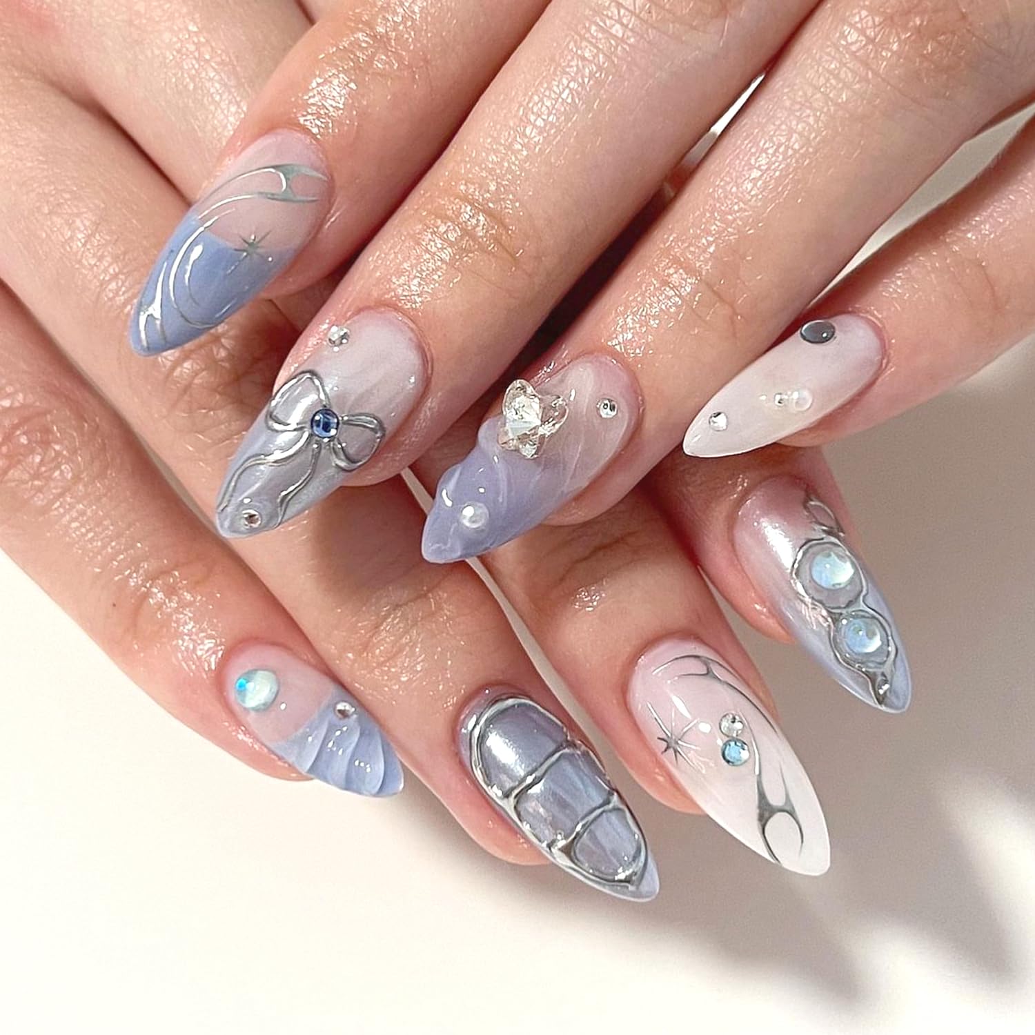 YKZFUI French Tip Press on Nails with Charms. Medium. Cute Bow. Long Square Shape. Acrylic Fake Stick On Nails with Heart and Rhinestones for Women Daily Wear. White : Beauty & Personal Care