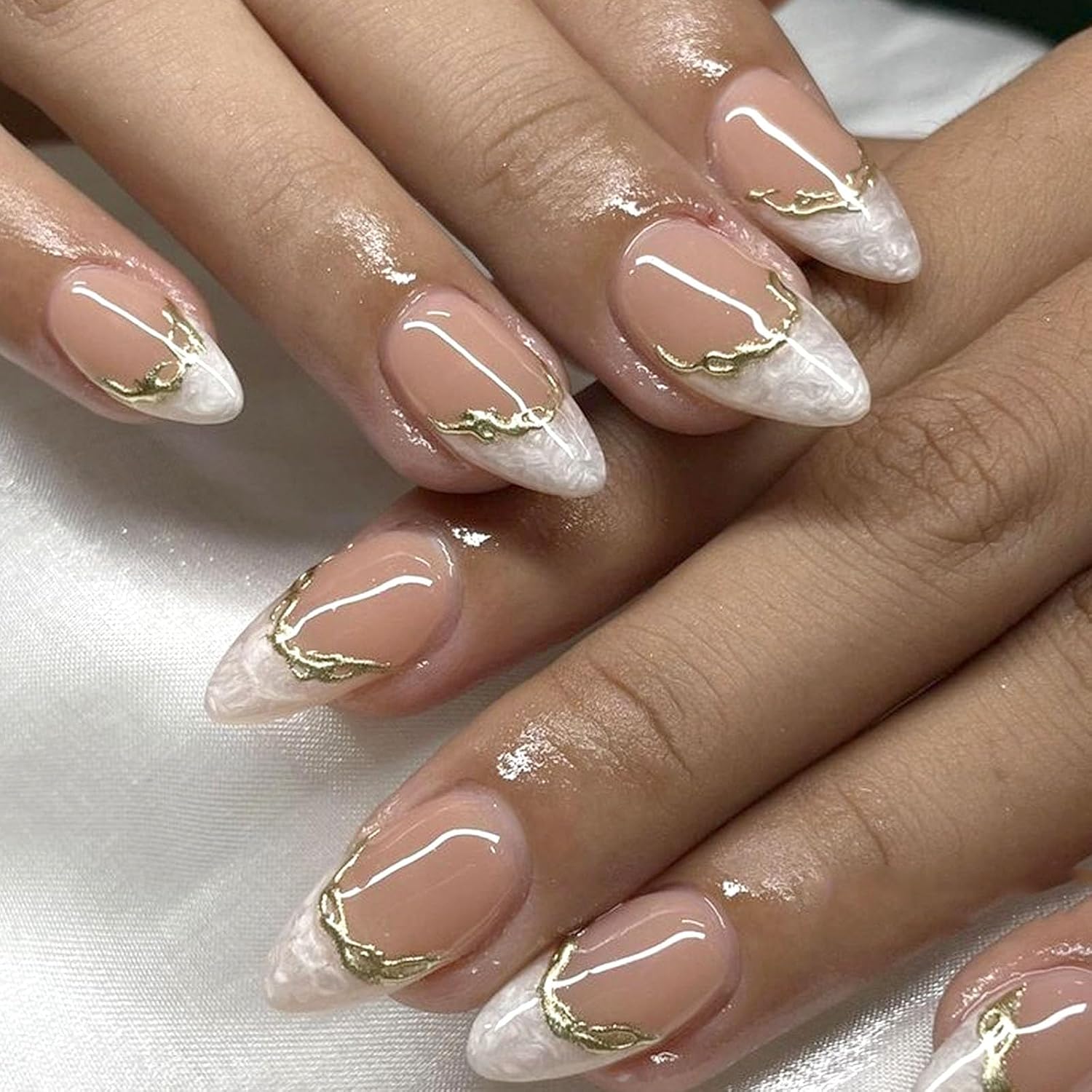 Short Press On Almond Fake Nails - Flower Acrylic Fall Nails Press Ons Full Cover Glue On Cute False Floral Stick On Nails for Women - 30 Pcs : Beauty & Personal Care